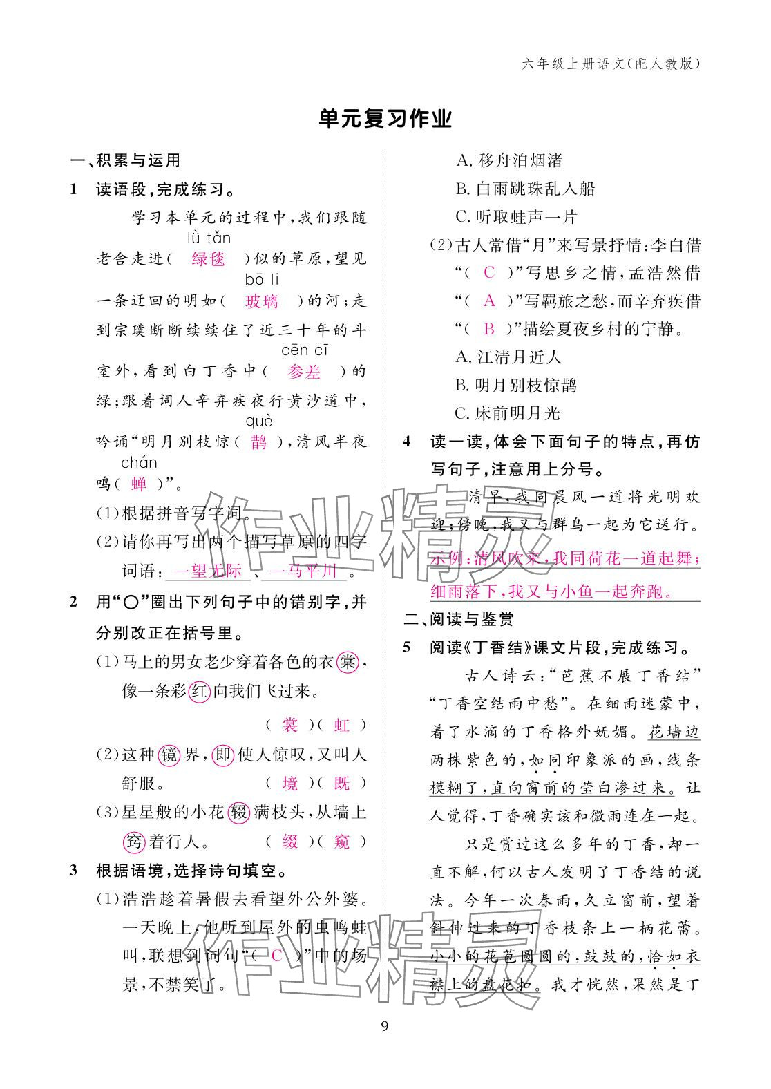 2025年作业本江西教育出版社六年级语文上册人教版 参考答案第9页