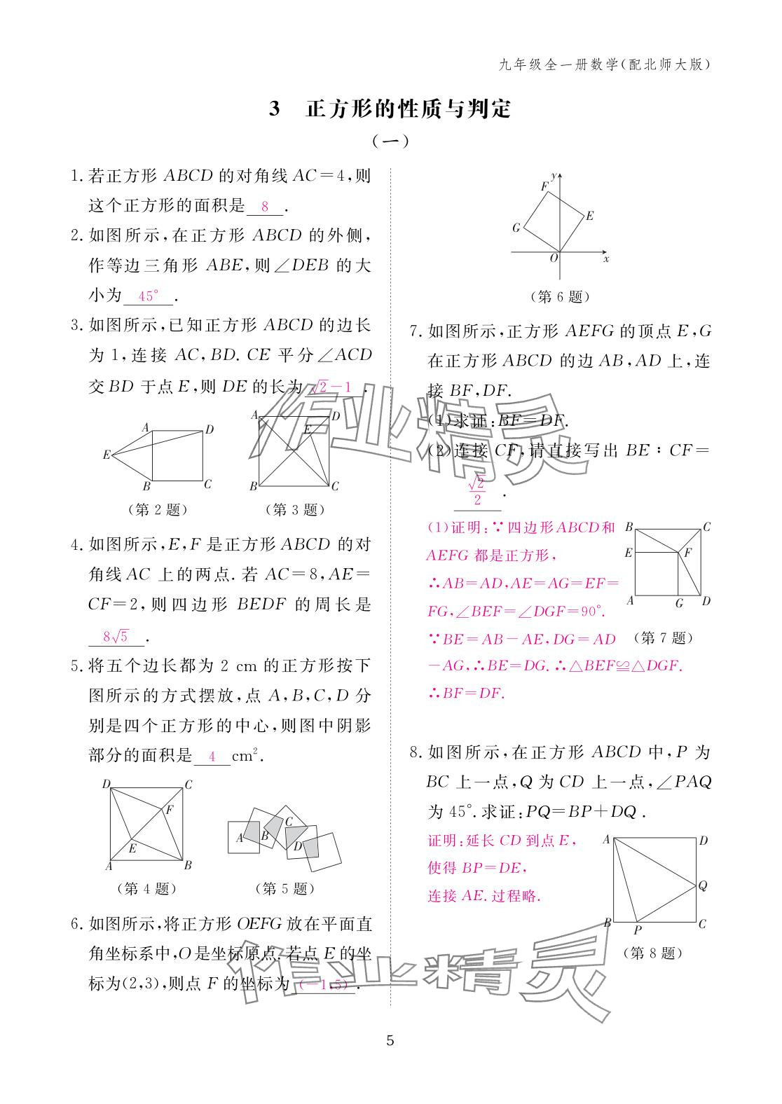 2025年作业本江西教育出版社九年级数学全一册北师大版 参考答案第5页