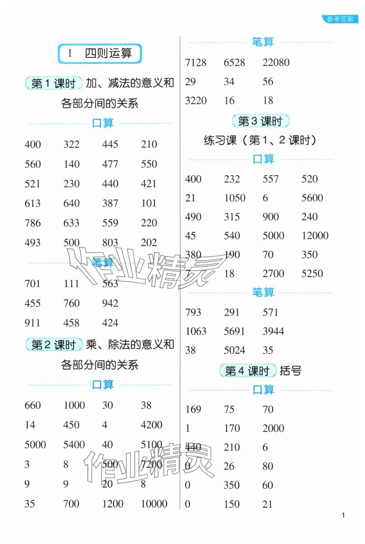 2024年新東方優(yōu)口算四年級(jí)數(shù)學(xué)下冊(cè)人教版 參考答案第1頁