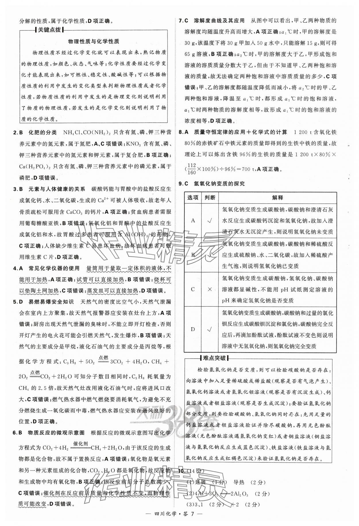 2024年天利38套中考試題精選化學(xué)四川專版 參考答案第7頁