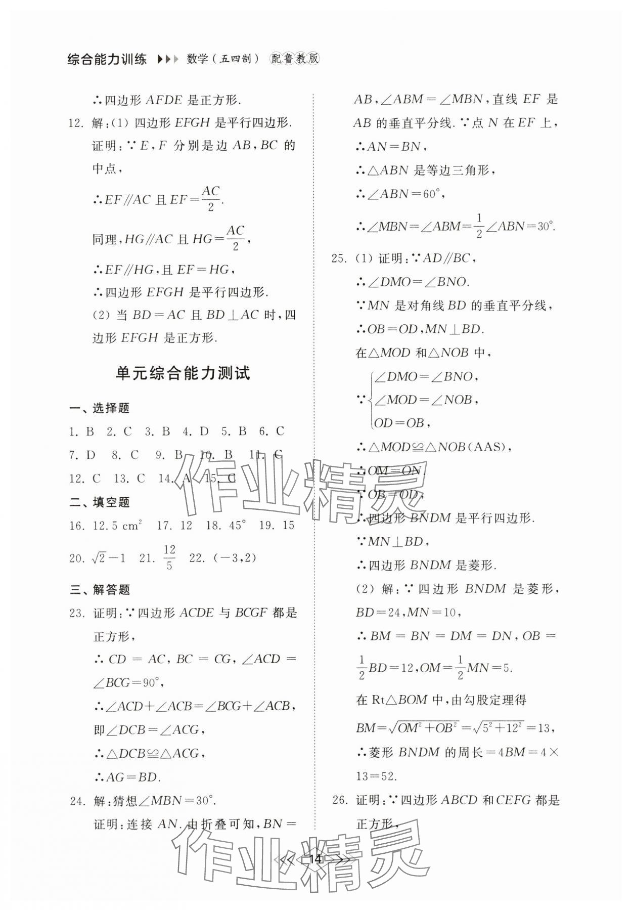 2025年綜合能力訓練八年級數學下冊魯教版54制 參考答案第13頁