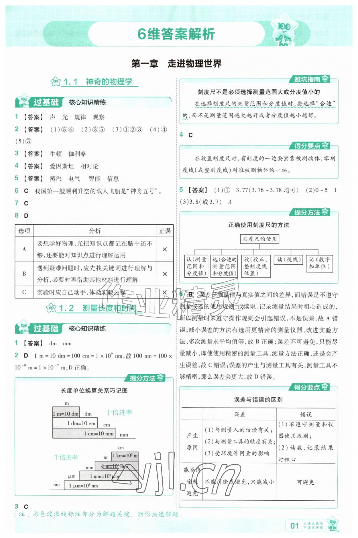 2026年一遍过八年级物理上册沪粤版&nbsp;参考答案第1页