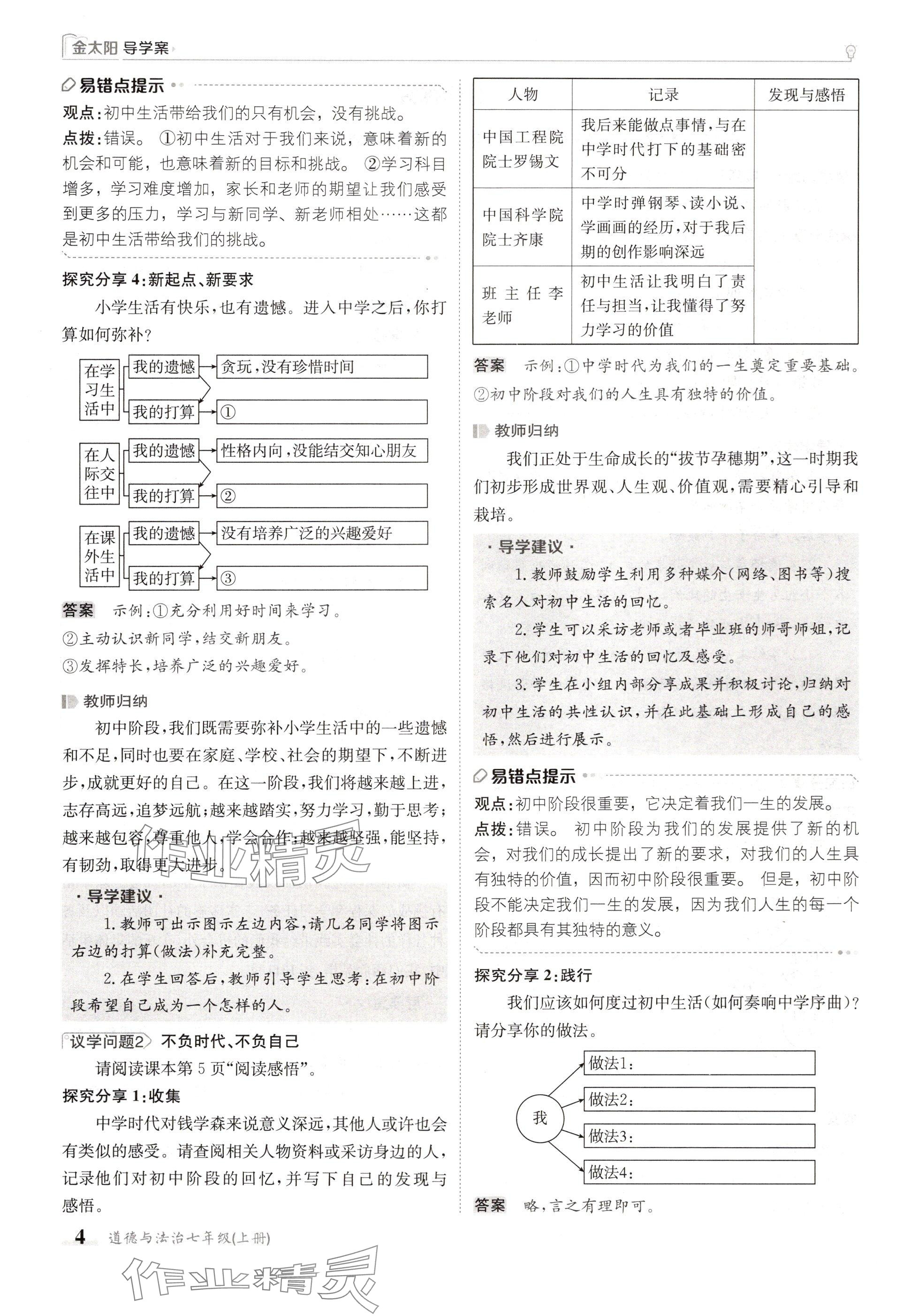 2024年金太陽導學案七年級道德與法治上冊人教版 參考答案第4頁