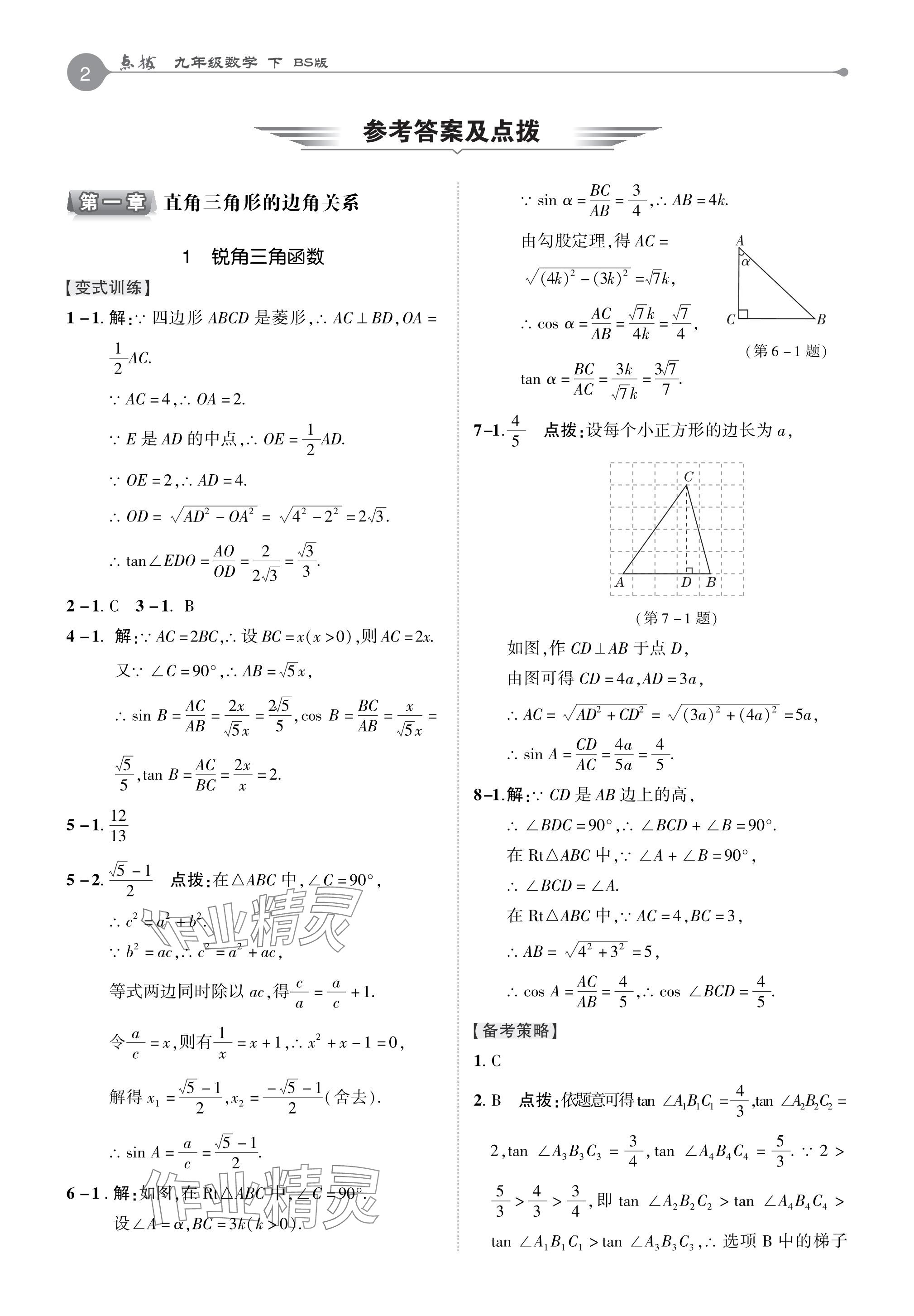 2024年特高級教師點撥九年級數(shù)學(xué)下冊北師大版 參考答案第1頁