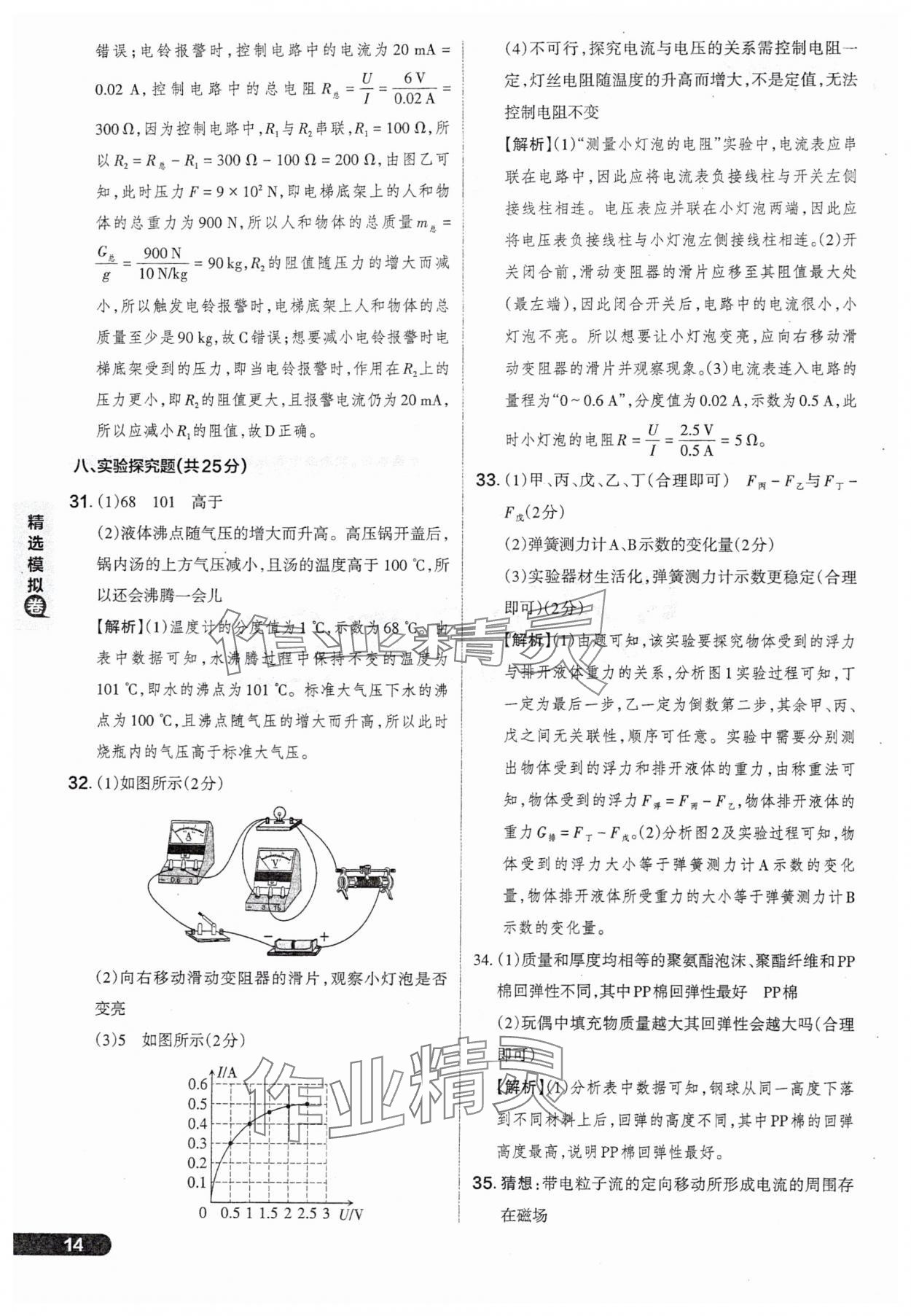 2025年领跑卷物理山西专版&nbsp;参考答案第14页
