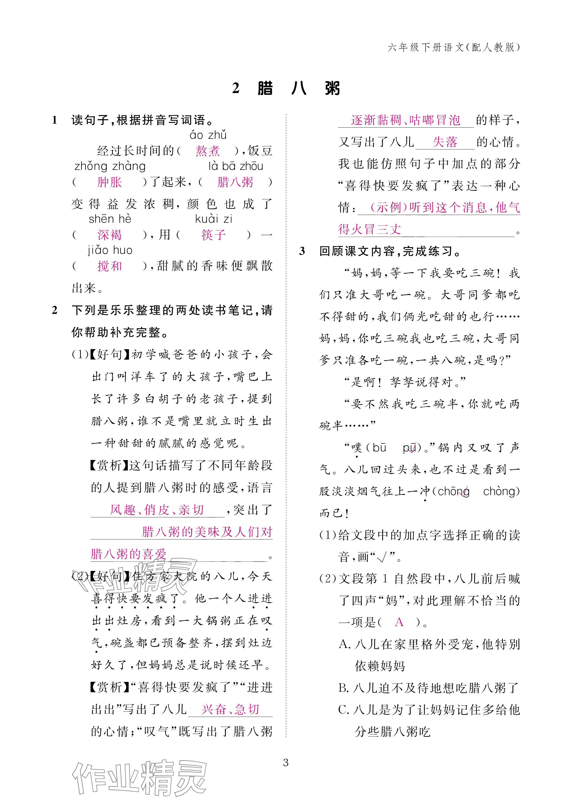 2025年作業(yè)本江西教育出版社六年級語文下冊人教版 參考答案第3頁