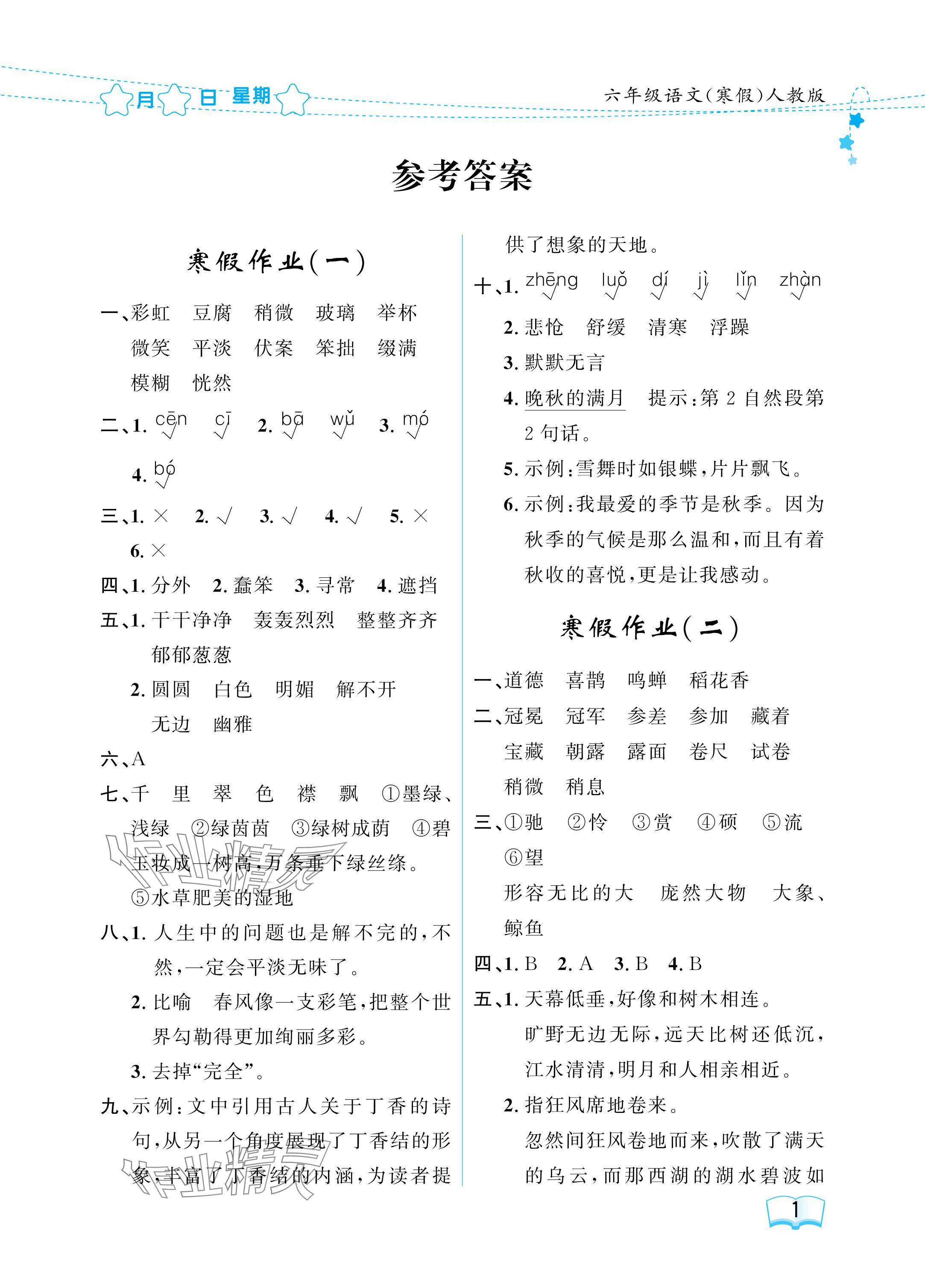 2025年陽(yáng)光假日寒假六年級(jí)語(yǔ)文人教版 參考答案第1頁(yè)