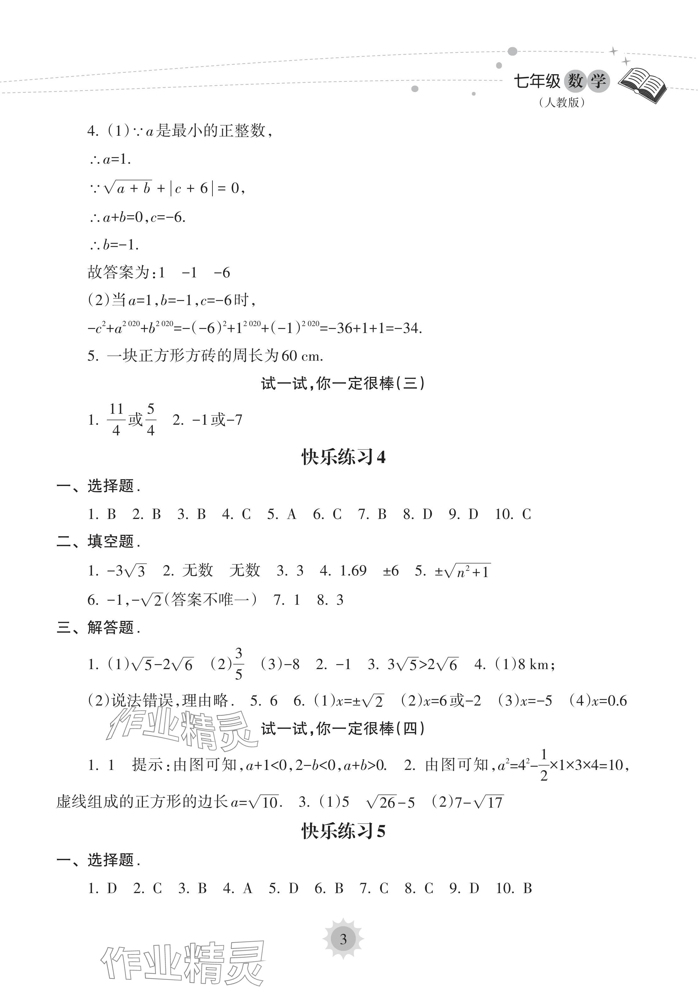 2024年暑假乐园海南出版社七年级数学人教版 参考答案第3页