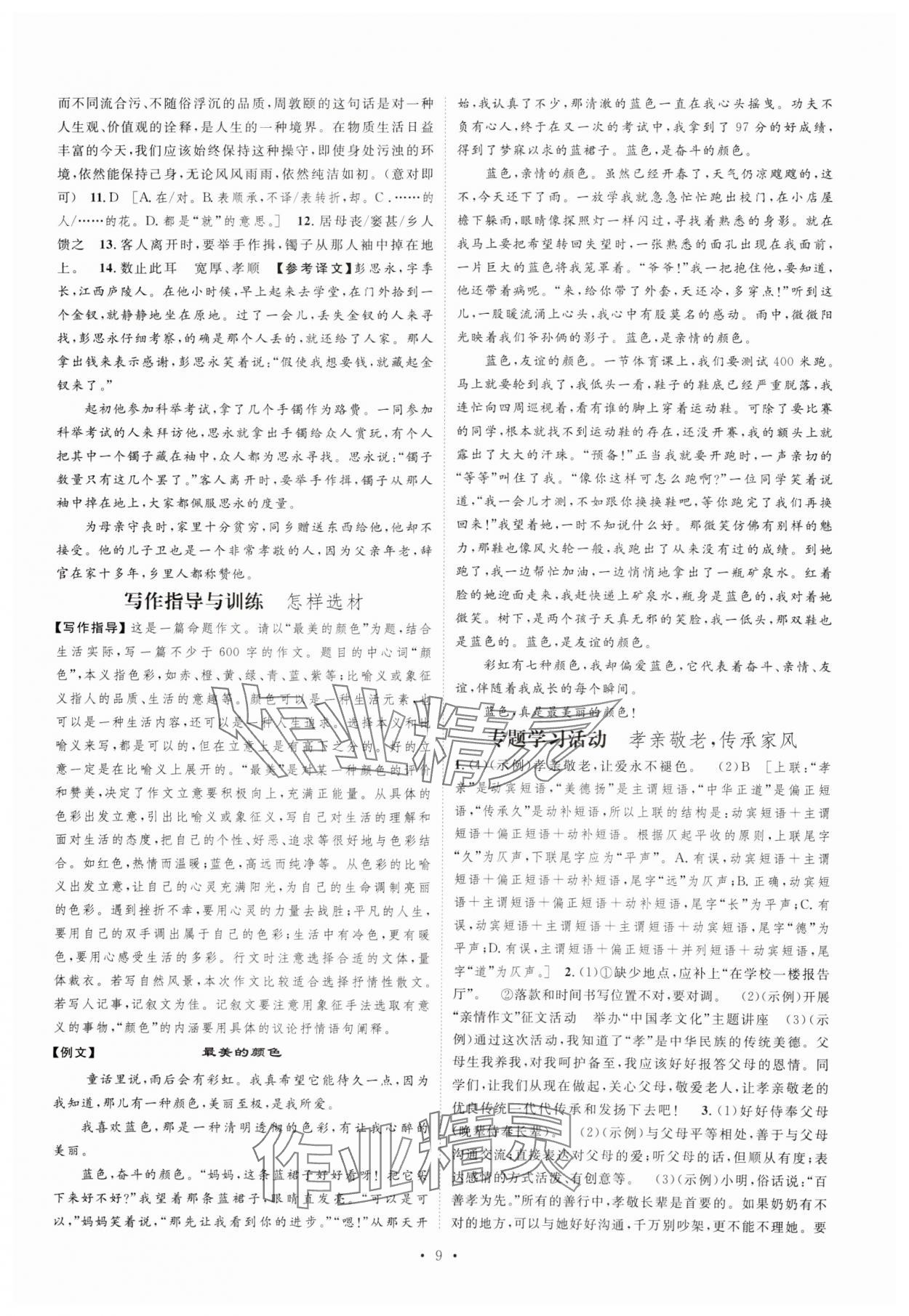 2025年思路教練同步課時(shí)作業(yè)七年級(jí)語(yǔ)文下冊(cè)人教版 參考答案第9頁(yè)