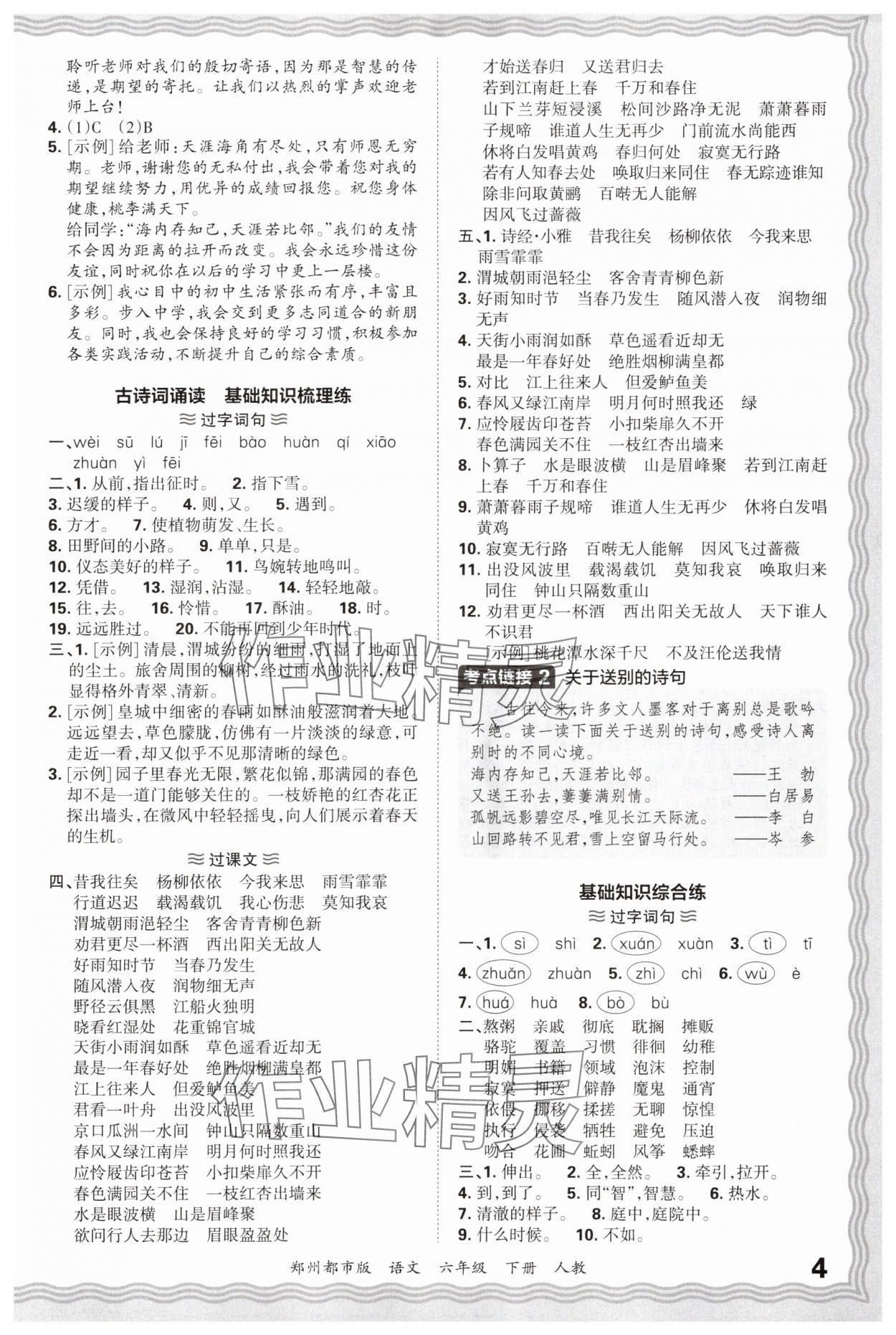 2025年王朝霞期末真题精编六年级语文下册人教版郑州专版 参考答案第4页