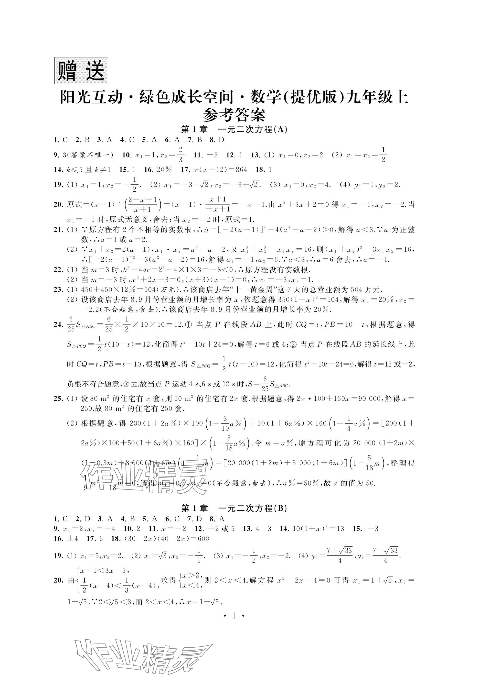 2024年阳光互动绿色成长空间九年级数学上册提优版 参考答案第1页