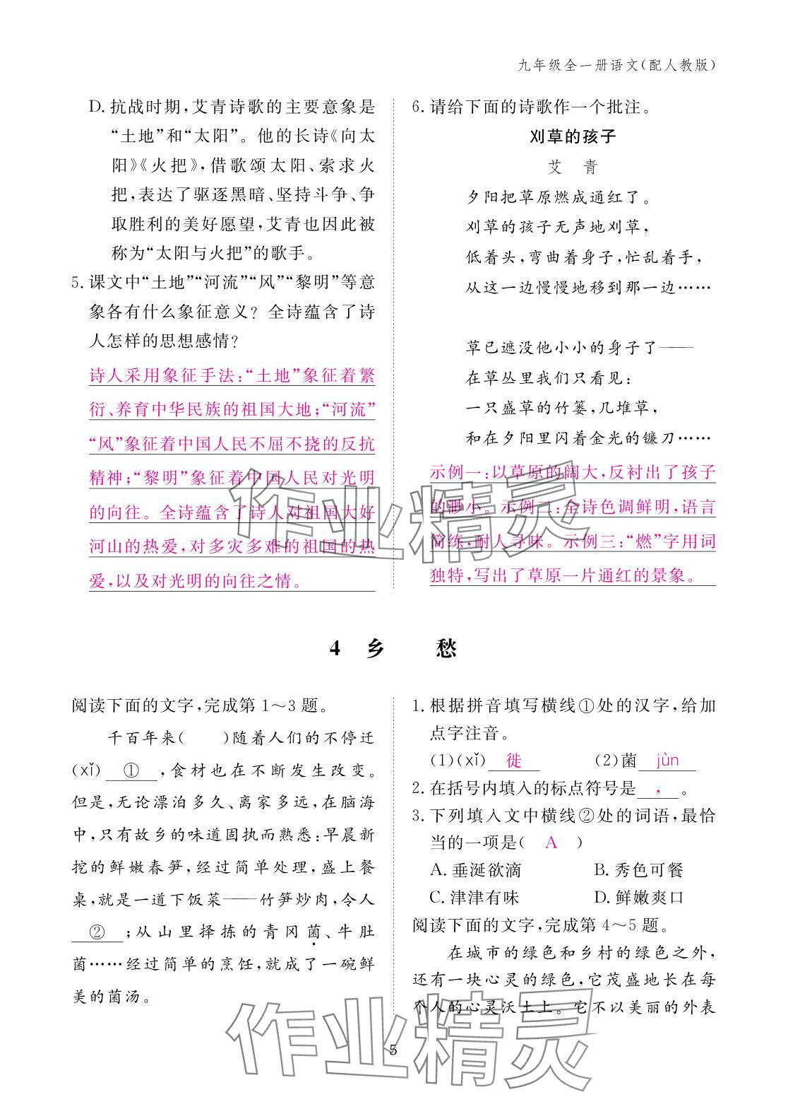 2025年作业本江西教育出版社九年级语文全一册人教版 参考答案第5页