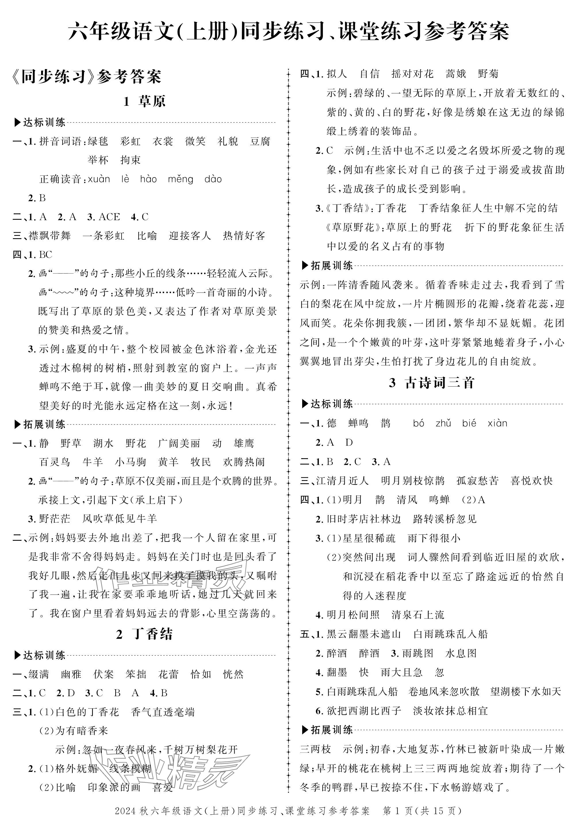 2024年創(chuàng)新作業(yè)同步練習六年級語文上冊人教版 參考答案第1頁