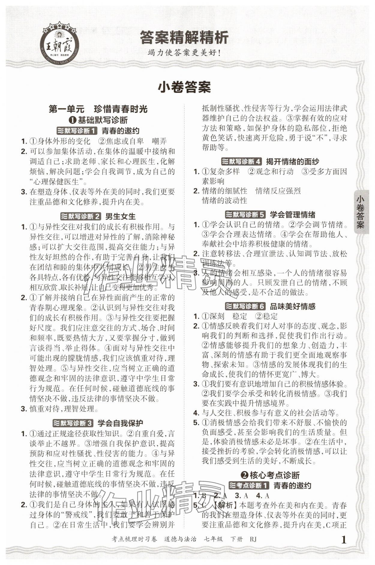 2025年王朝霞考点梳理时习卷七年级道德与法治下册人教版 第1页