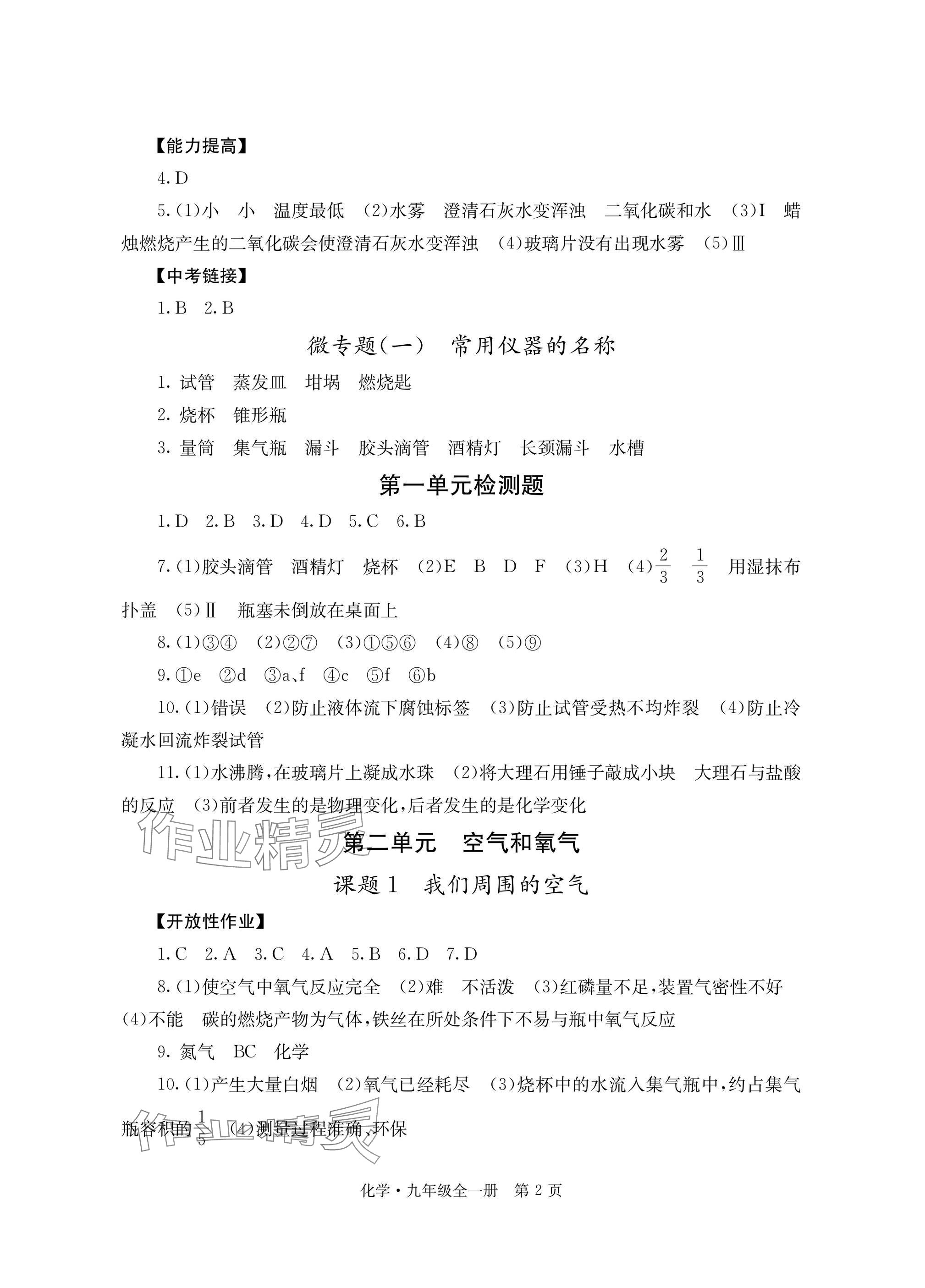 2025年自主学习指导课程与测试九年级化学全一册人教版 参考答案第2页