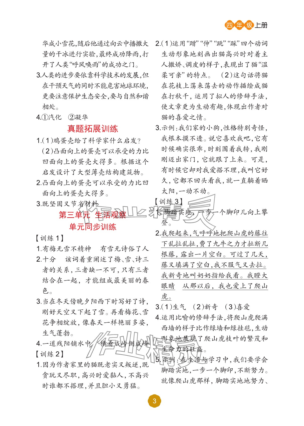 2025年閱讀理解專項訓(xùn)練四年級語文上冊人教版&nbsp;參考答案第3頁