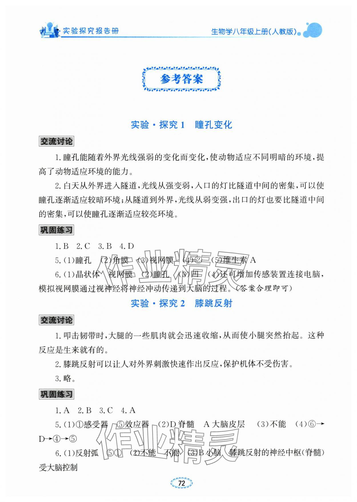 2025年实验探究报告册八年级生物上册人教版 参考答案第1页