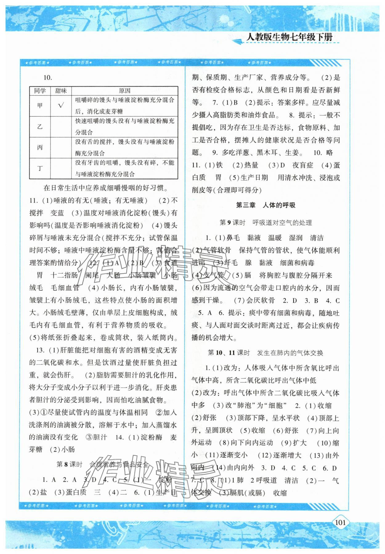 2024年同步实践评价课程基础训练七年级生物下册人教版 参考答案第2页