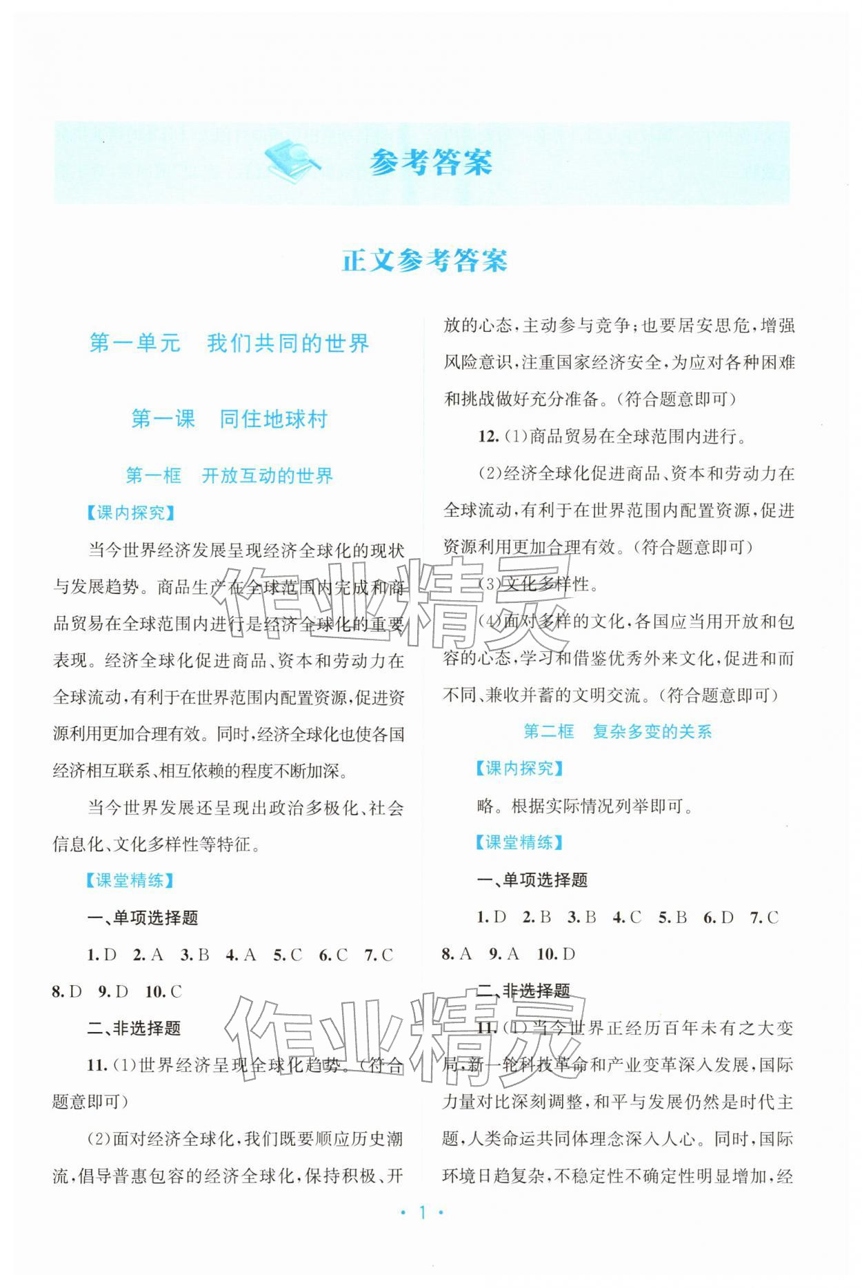 2025年课堂精练九年级道德与法治下册人教版广东专版 第1页