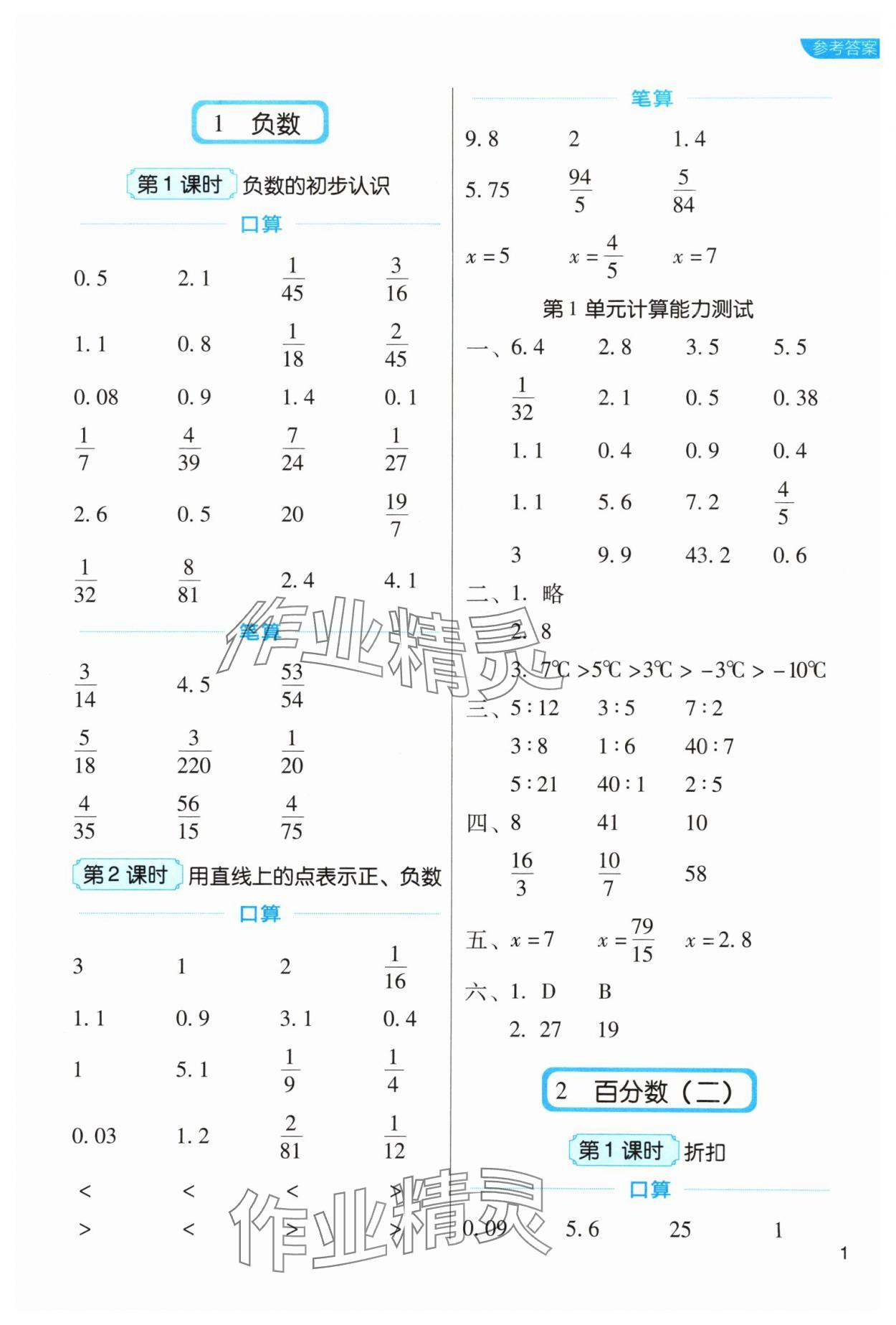 2024年新東方優(yōu)口算六年級數(shù)學(xué)下冊人教版 參考答案第1頁