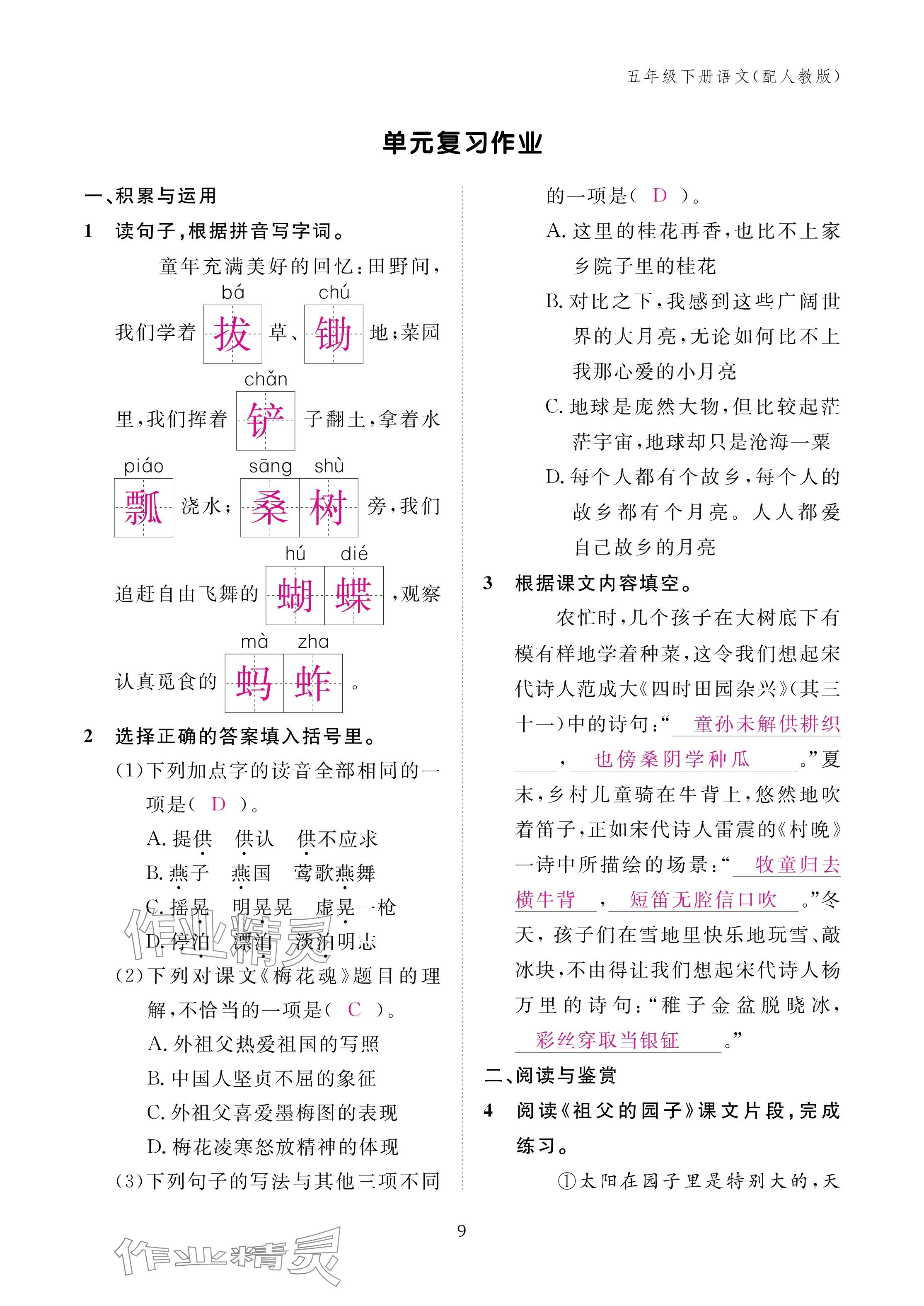2025年作業(yè)本江西教育出版社五年級語文下冊人教版 參考答案第9頁