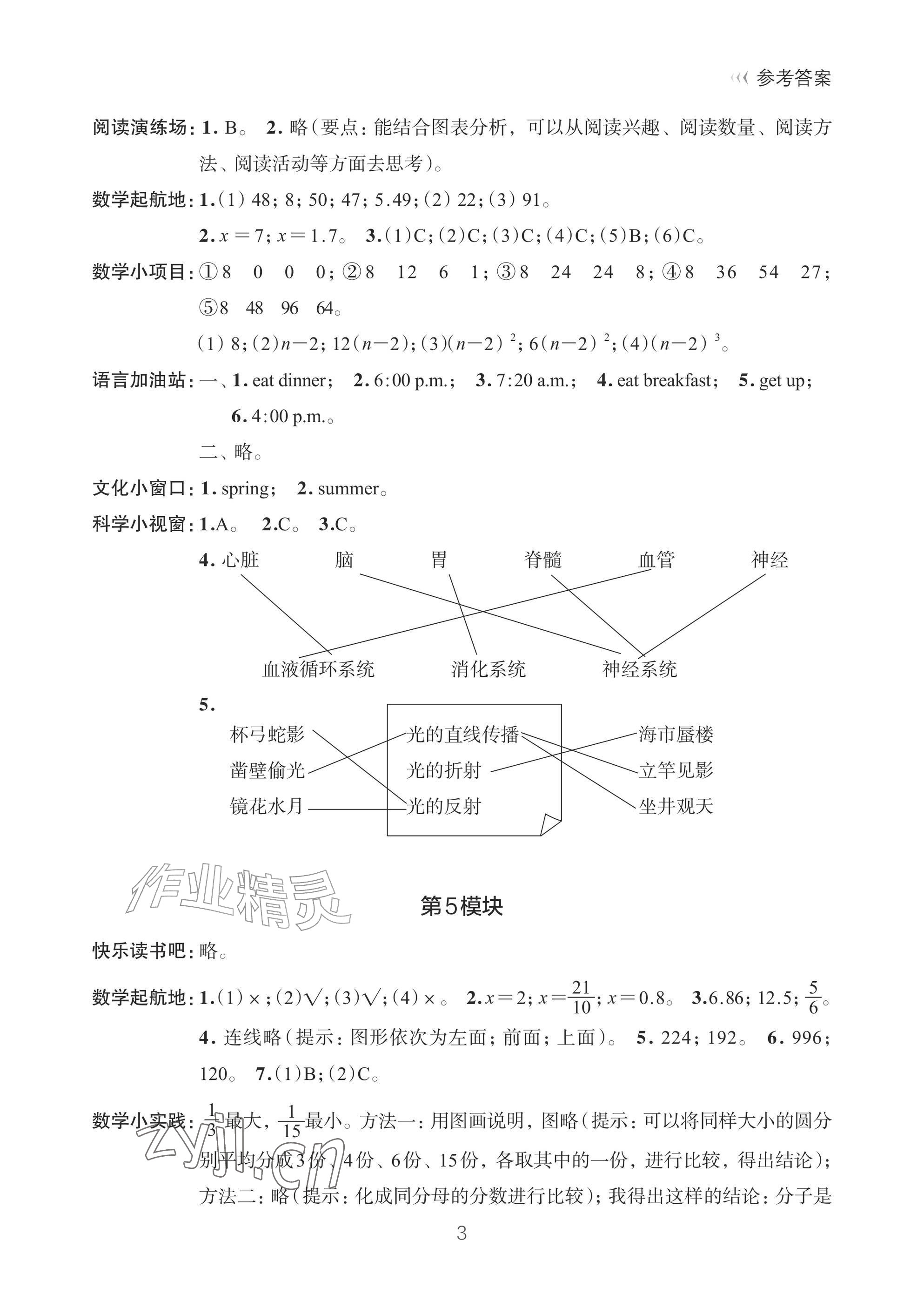 2026年暑假学习乐园浙江科学技术出版社五年级&nbsp;参考答案第3页