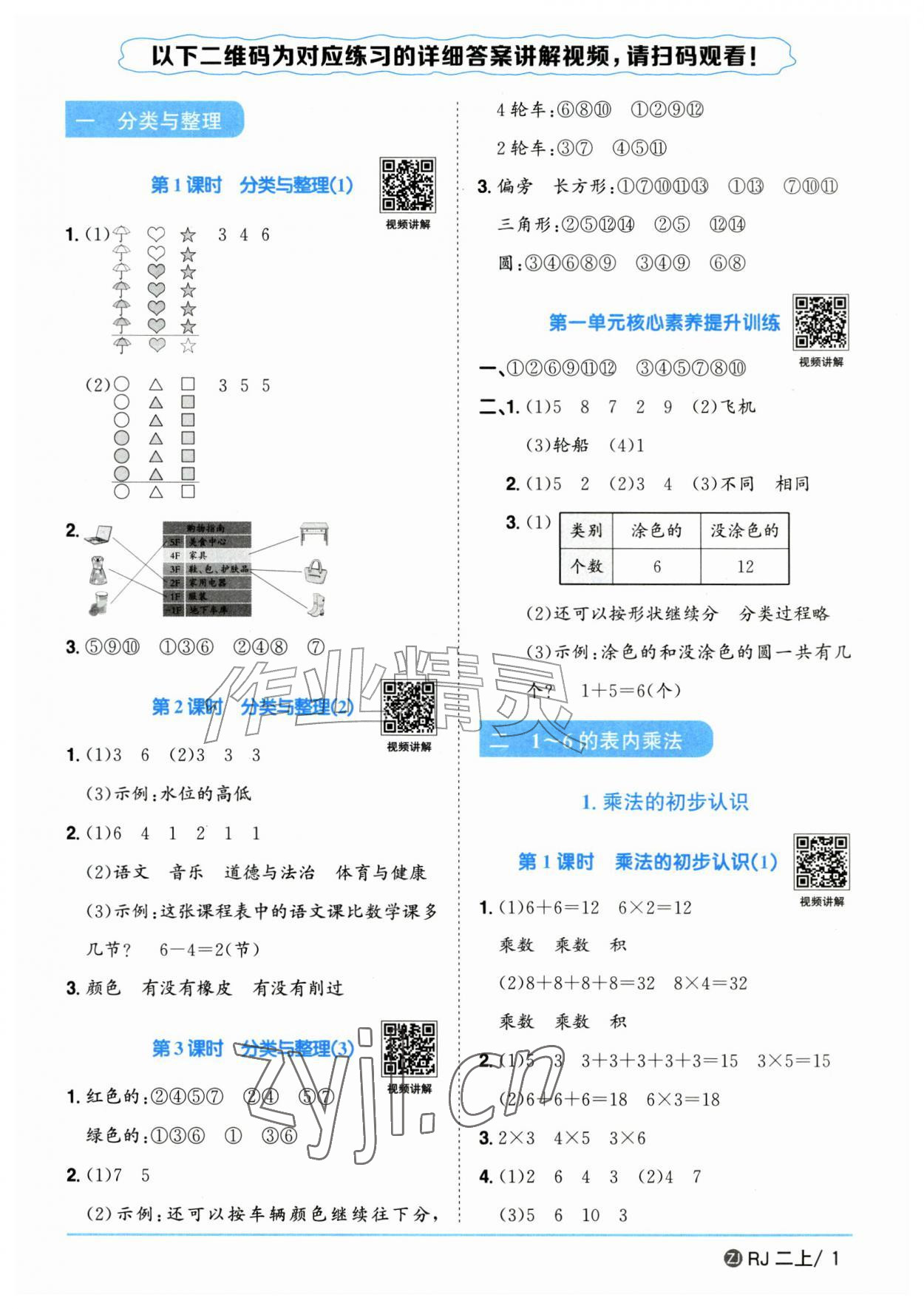 2026年阳光同学课时全优训练二年级数学上册人教版浙江专版&nbsp;参考答案第1页