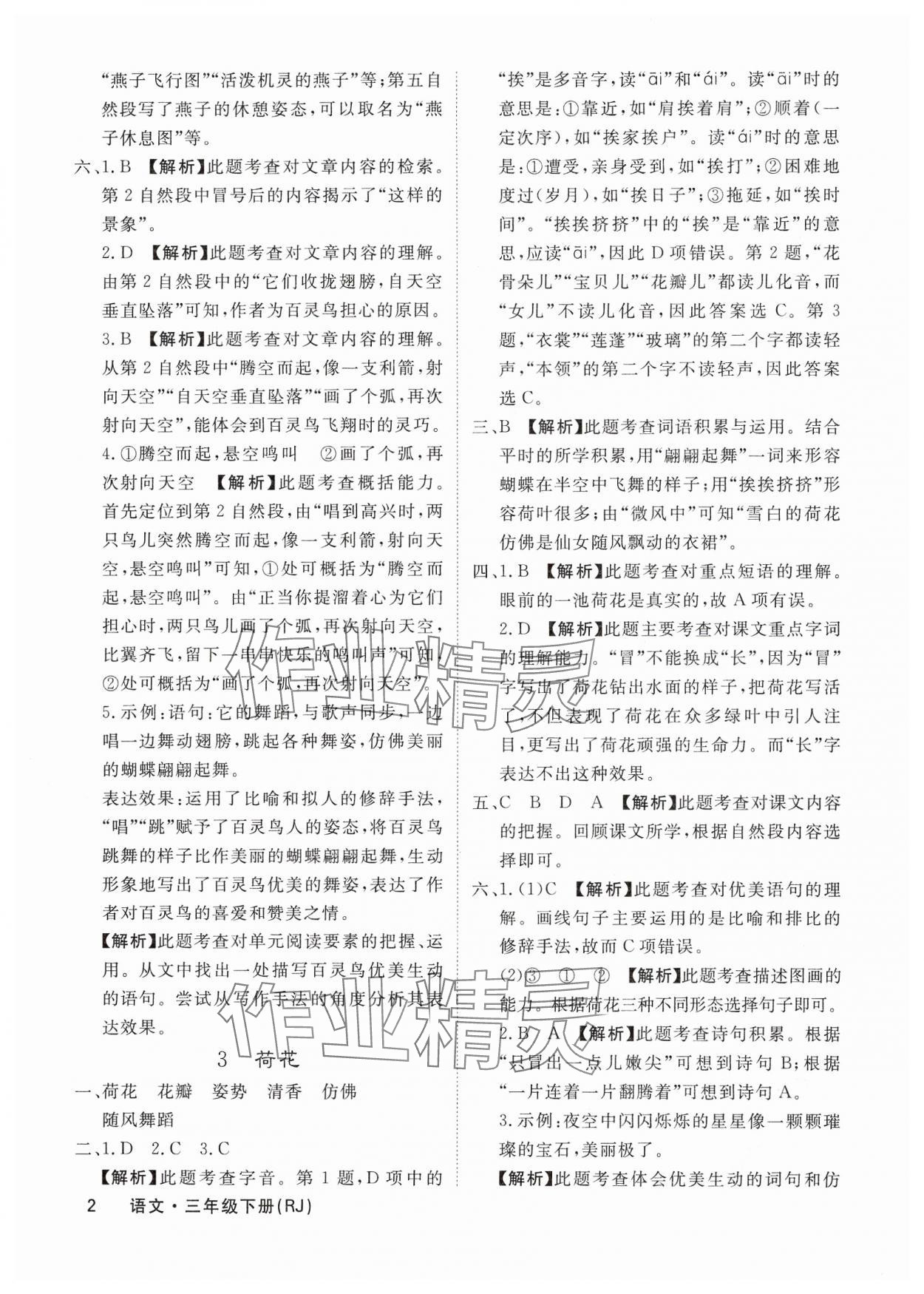 2025年课堂点睛三年级语文下册人教版福建专版 参考答案第2页