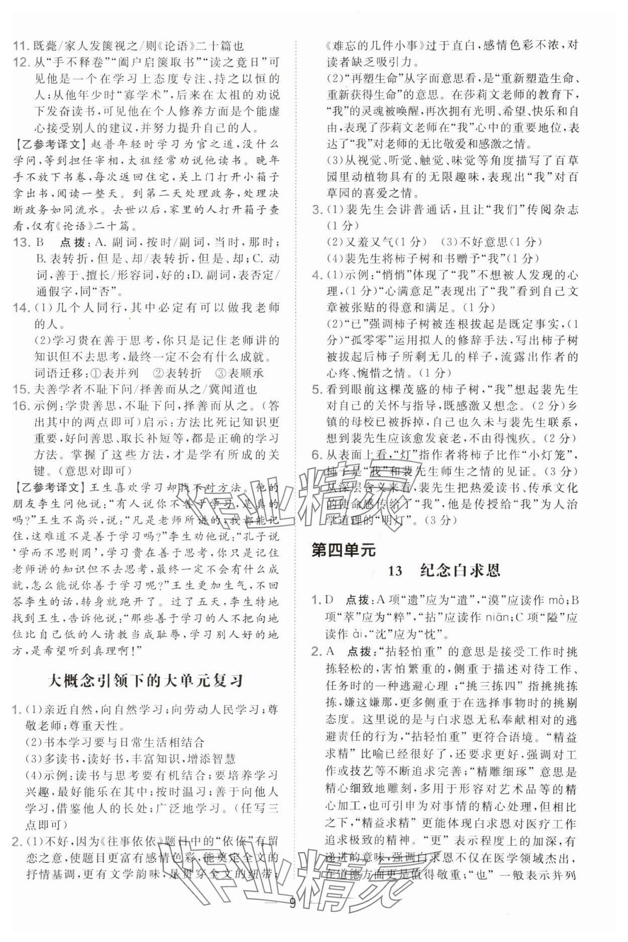 2025年點撥訓練七年級語文上冊人教版遼寧專版 參考答案第9頁