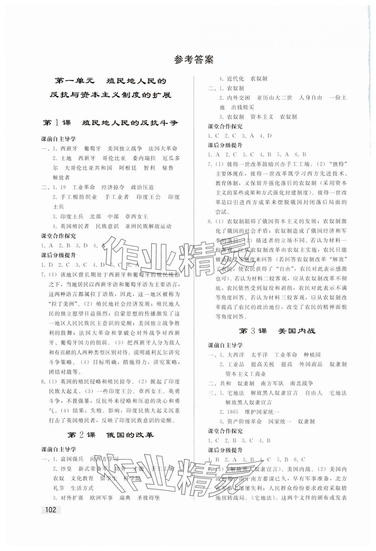 2024年同步練習(xí)冊(cè)人民教育出版社九年級(jí)歷史下冊(cè)人教版山東專版 參考答案第1頁