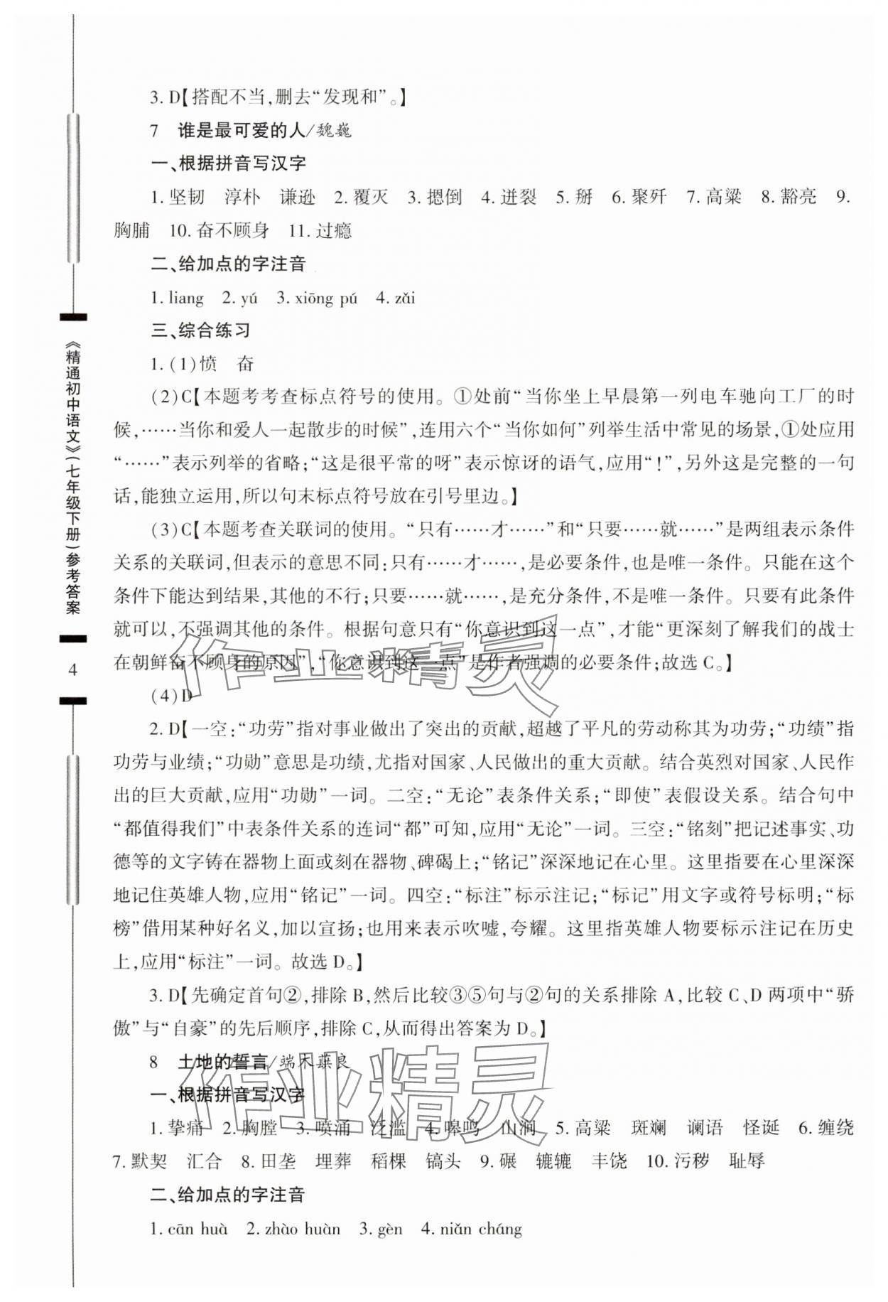 2024年精通中考語文七年級下冊 參考答案第4頁