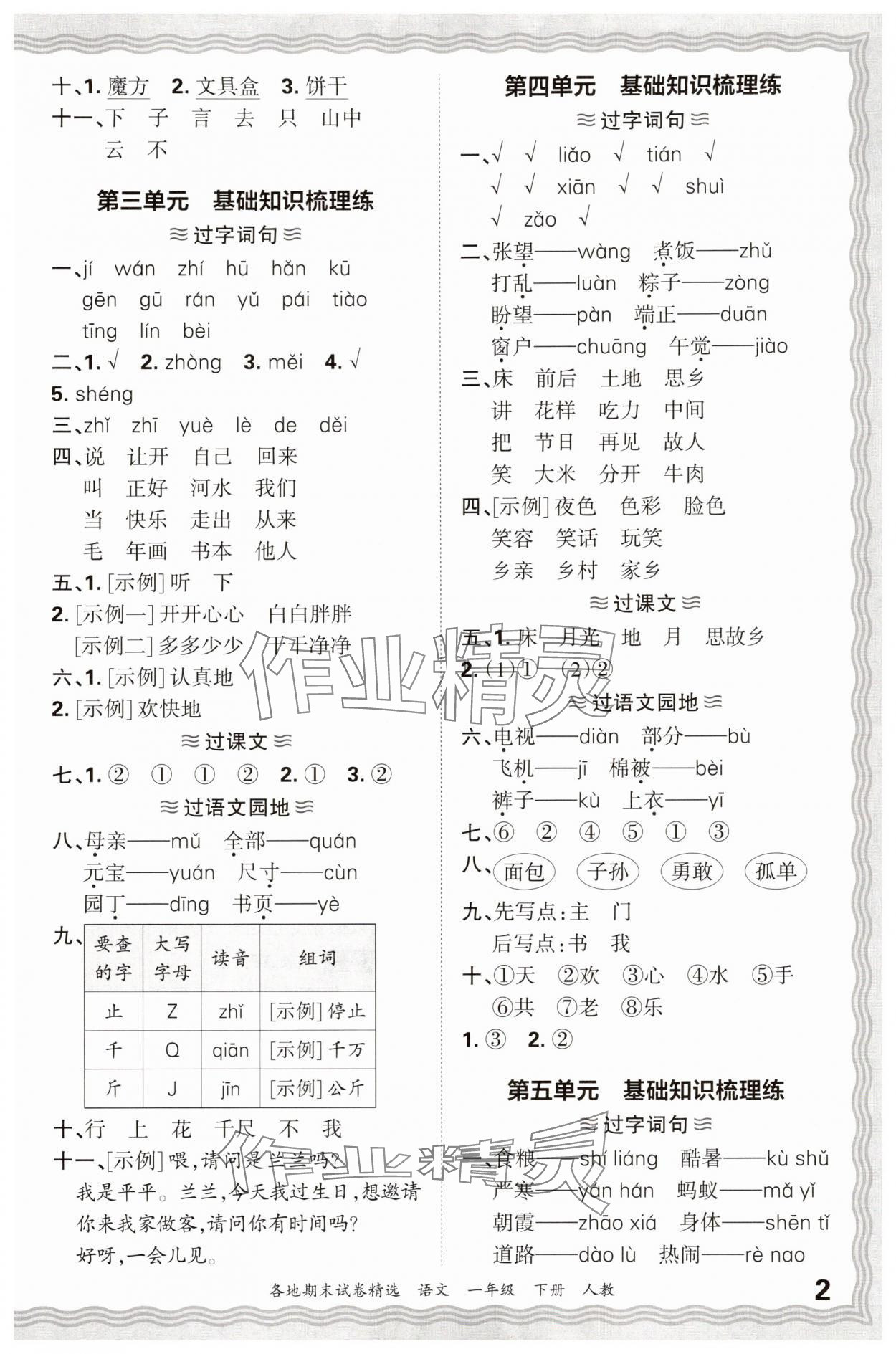 2025年王朝霞各地期末试卷精选一年级语文下册人教版 参考答案第2页