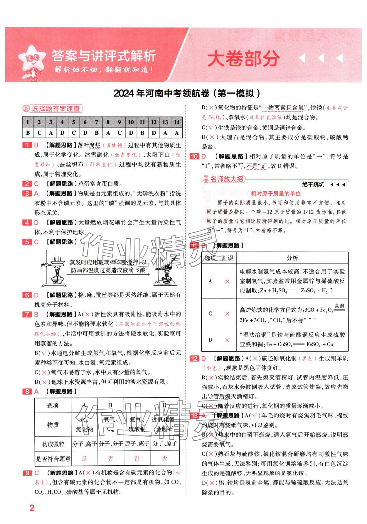 2024年金考卷百校聯(lián)盟系列中考領(lǐng)航卷化學(xué)河南專版 參考答案第1頁