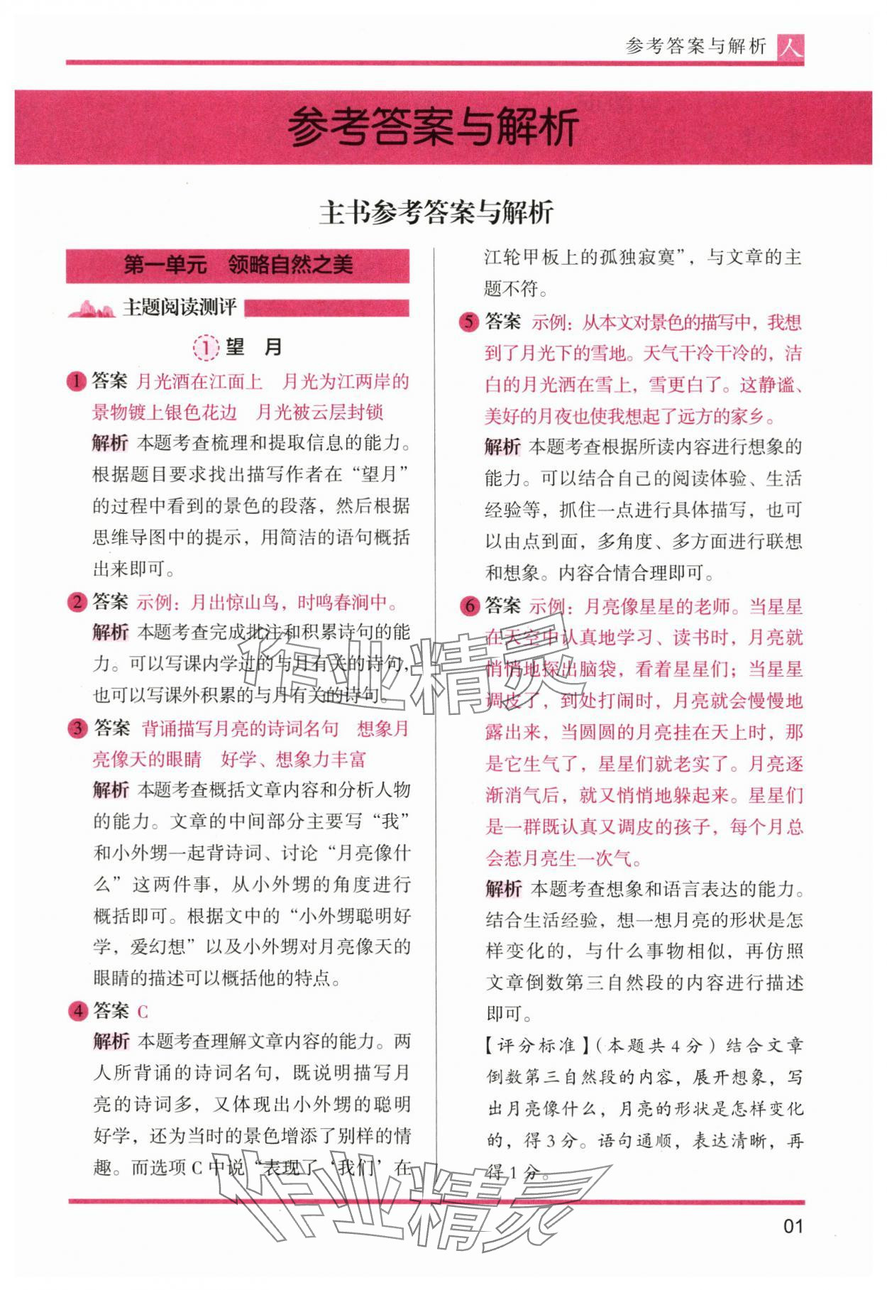 2024年木头马阅读力测评六年级语文上册人教版 参考答案第1页