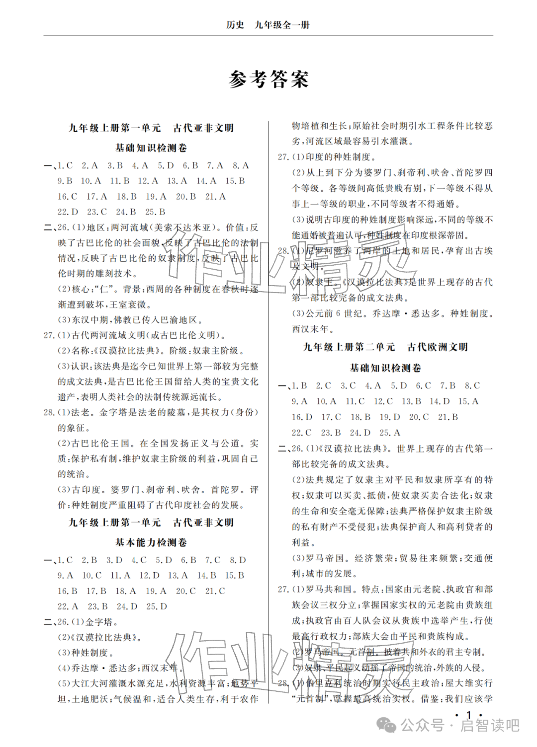 2025年同步练习册分层检测卷九年级历史全一册人教版 参考答案第1页