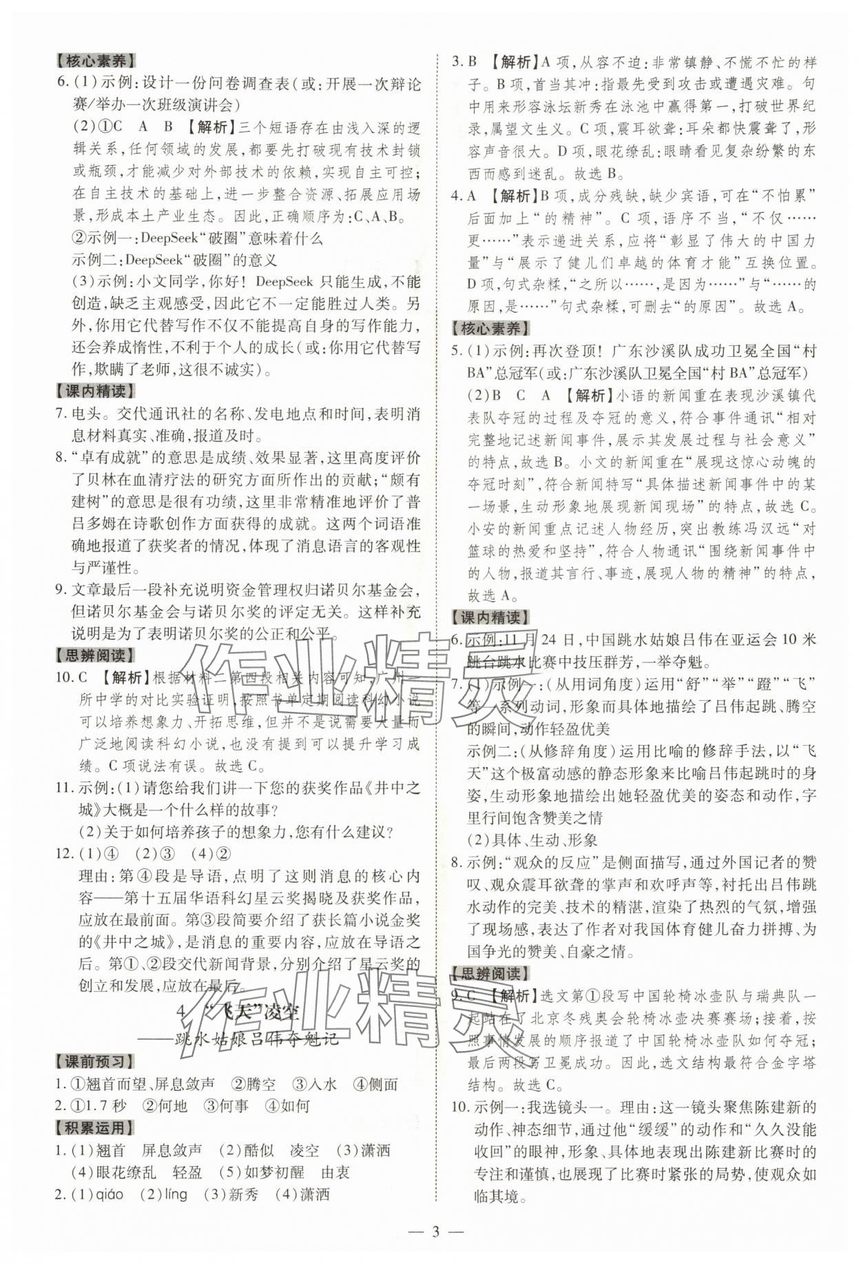 2025年同步?jīng)_刺八年級語文上冊人教版&nbsp;參考答案第3頁