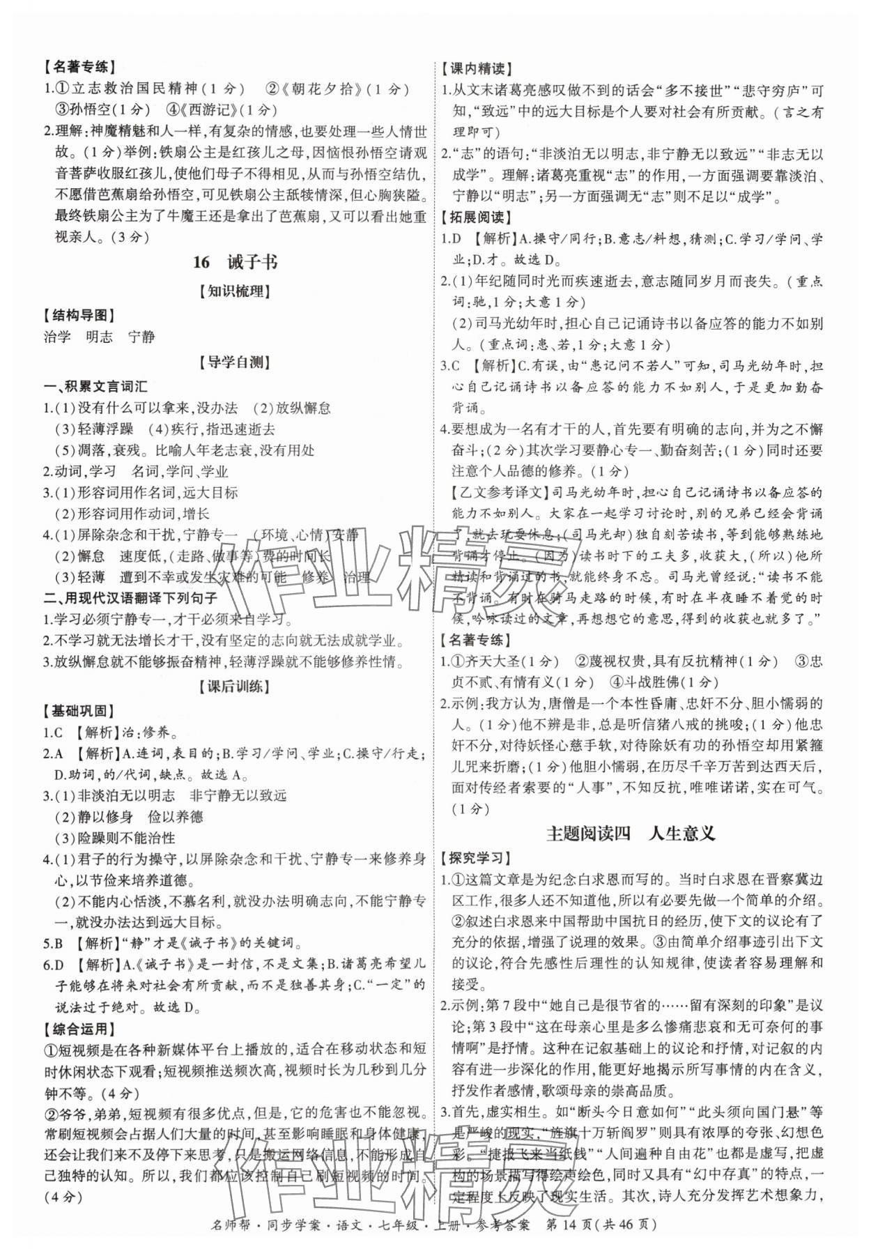 2024年名師幫同步學(xué)案七年級語文上冊人教版 參考答案第14頁