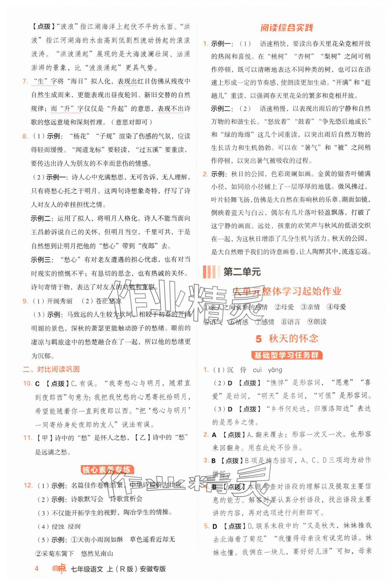 2024年綜合應用創(chuàng)新題典中點七年級語文上冊人教版安徽專版 參考答案第4頁