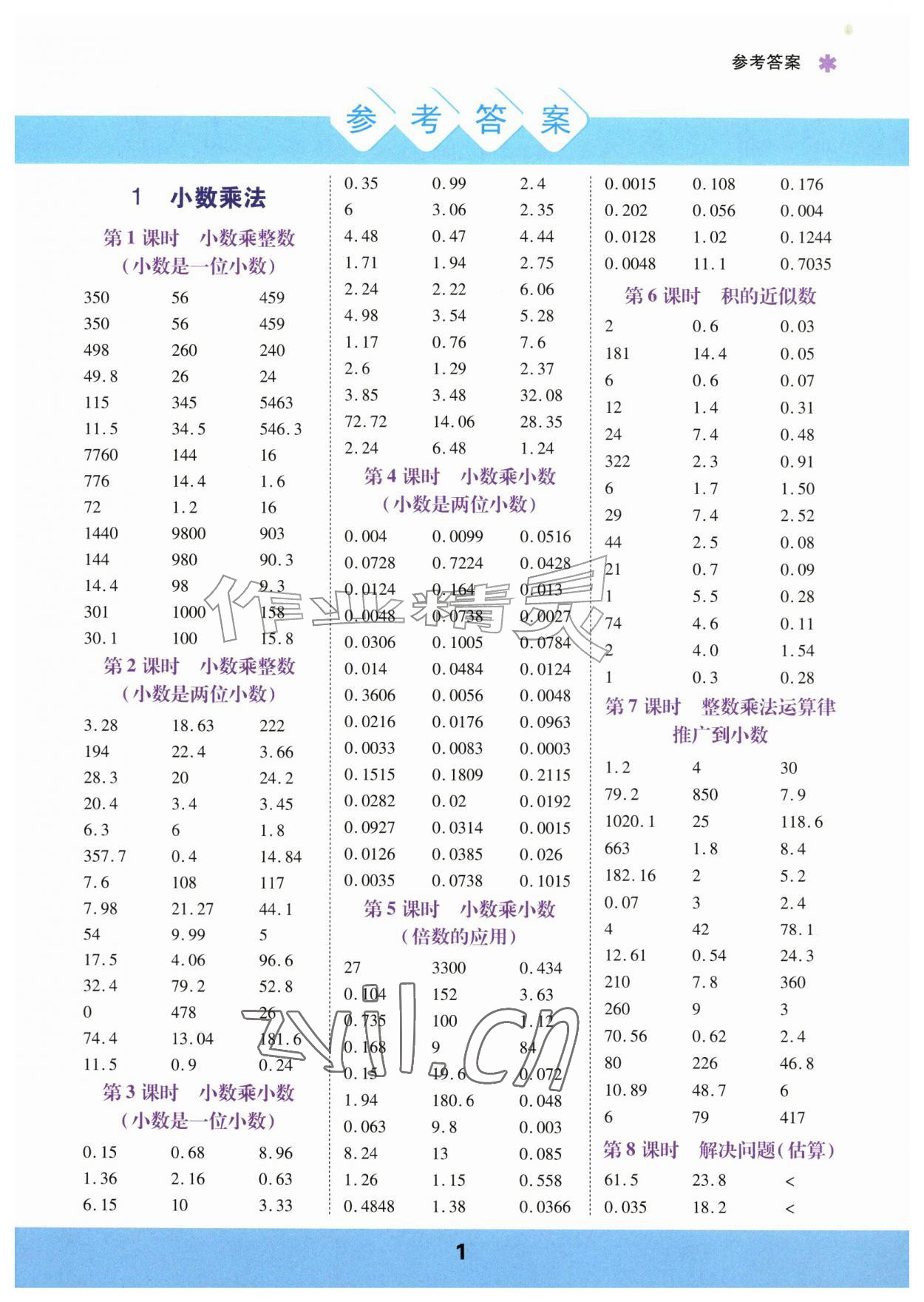 2026年口算运算力测评五年级数学上册人教版&nbsp;参考答案第1页