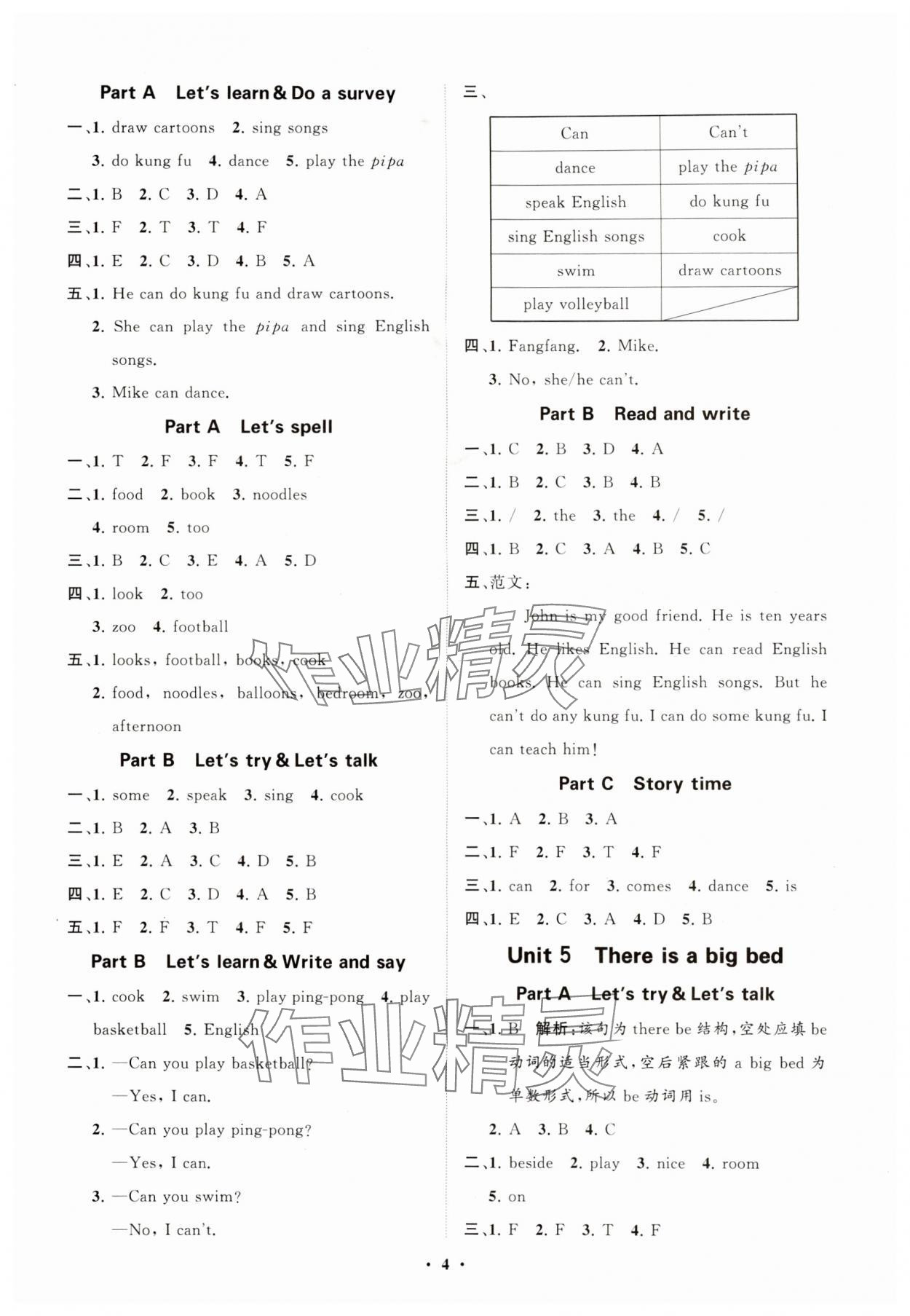 2024年同步练习册分层指导五年级英语上册人教版 参考答案第4页