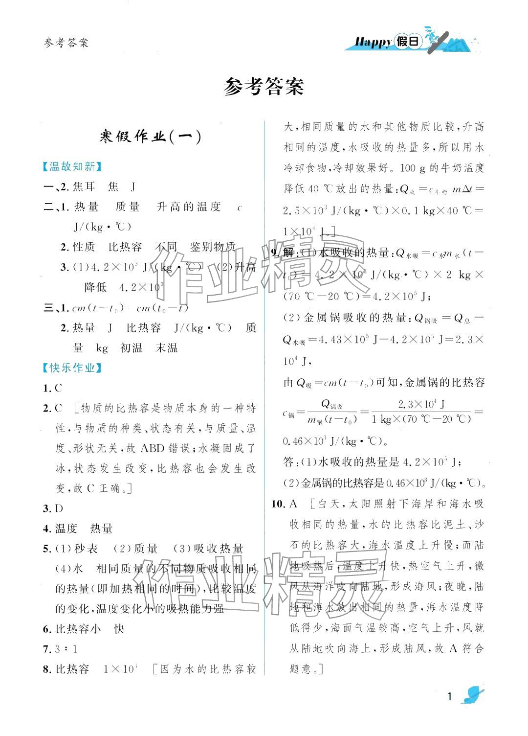 2026年寒假Happy假日九年級(jí)物理人教版&nbsp;參考答案第1頁(yè)