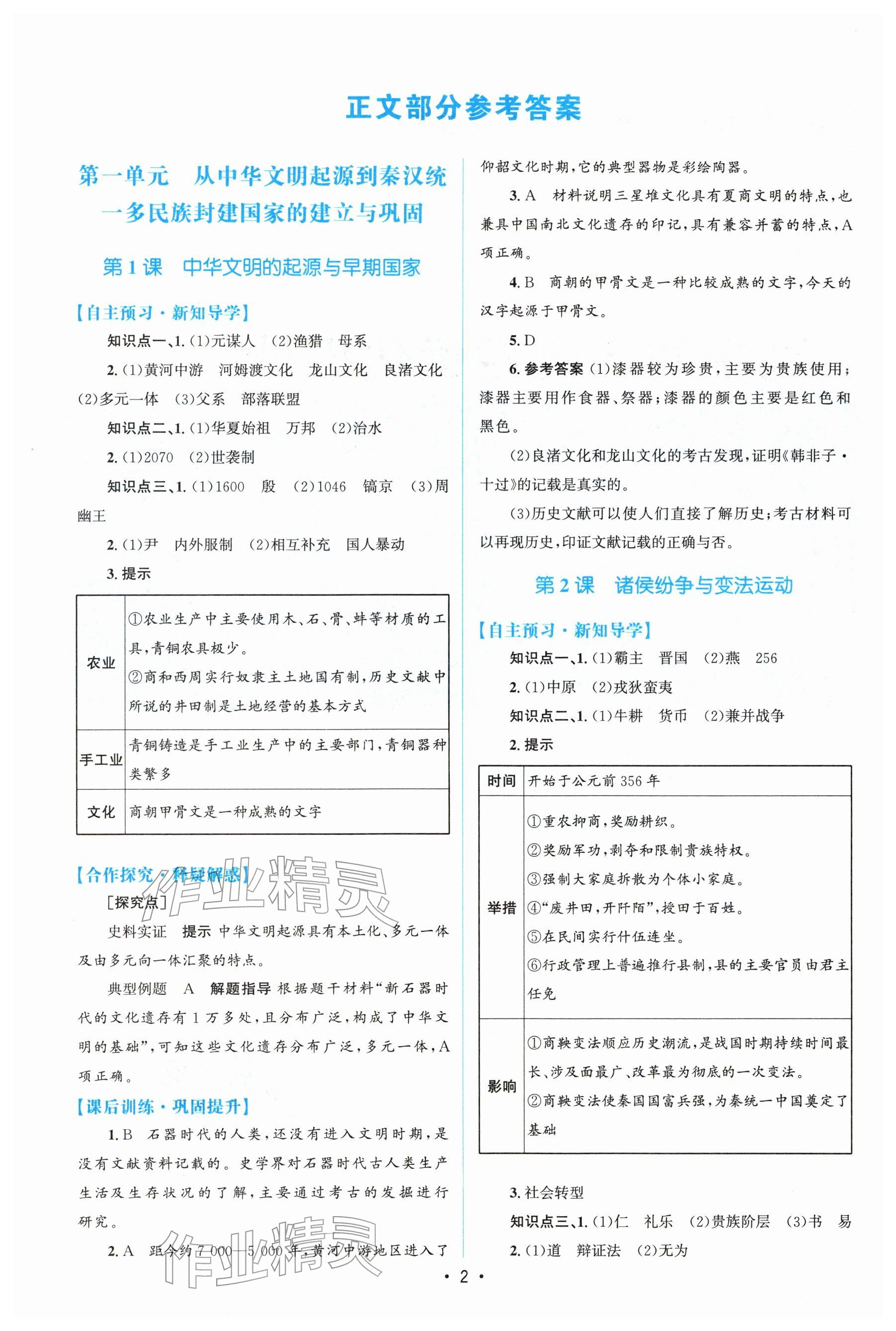 2025年高中同步测控优化设计高中历史必修上册人教版 参考答案第1页