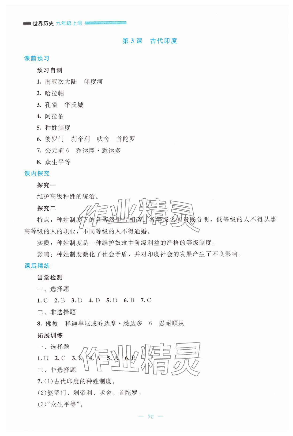 2025年课堂精练九年级历史上册人教版大庆专版 参考答案第3页