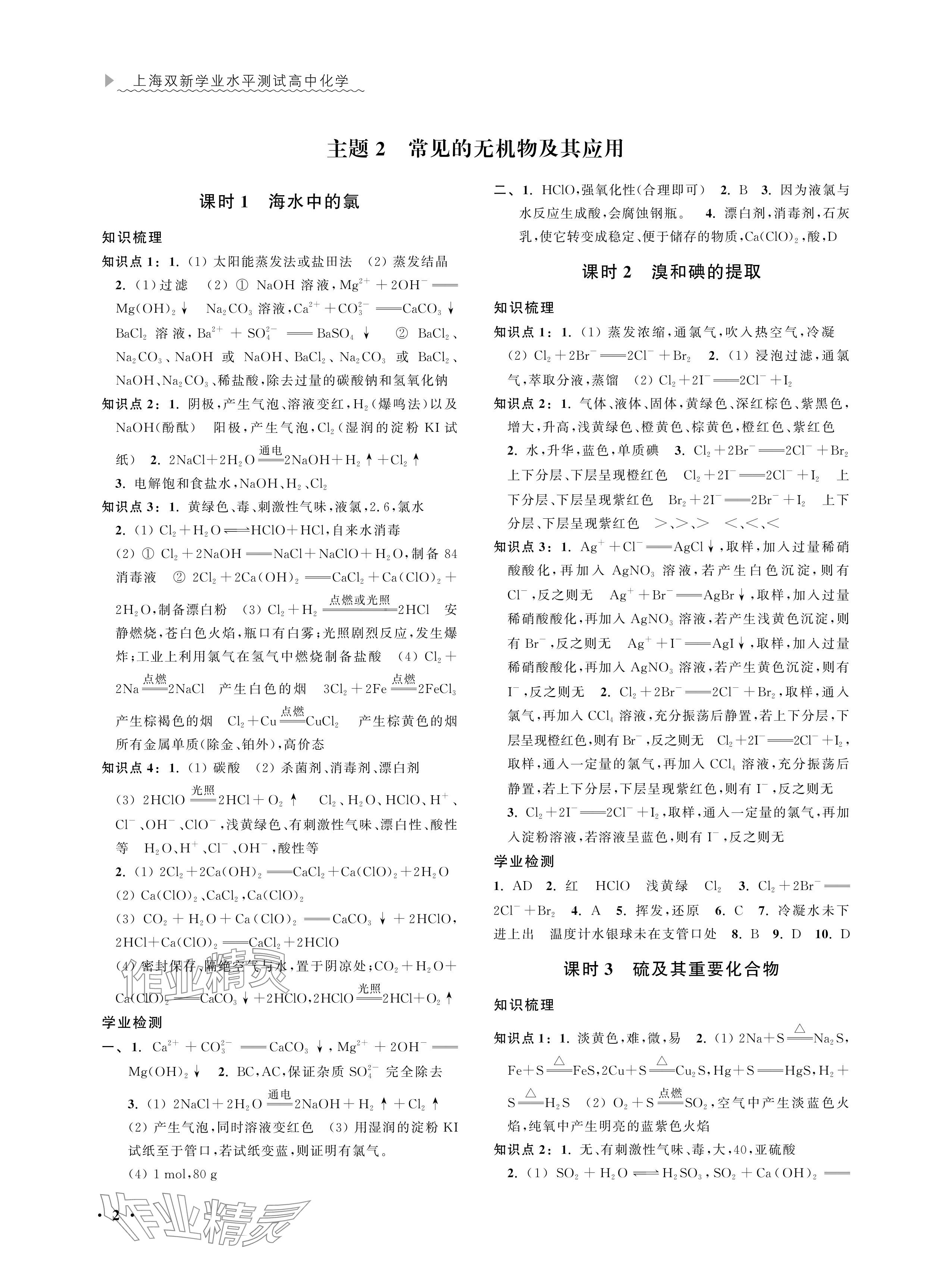 2024年上海双新学业水平测试高中化学沪教版 参考答案第2页