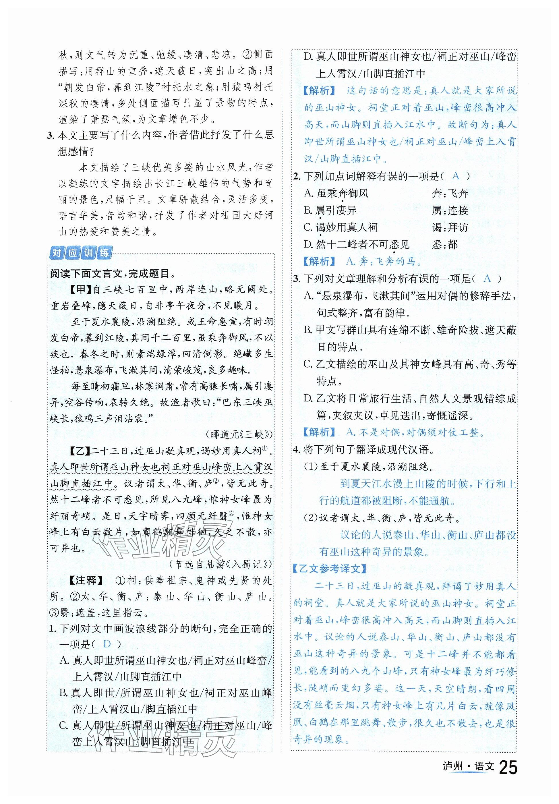 2024年国华考试中考总动员语文泸州专版 参考答案第25页