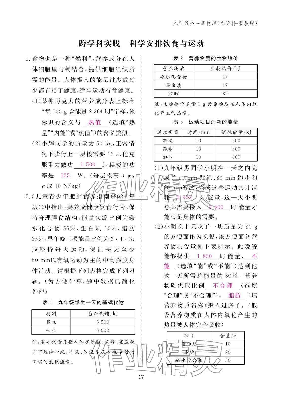 2025年作业本江西教育出版社九年级物理全一册沪粤版 参考答案第17页