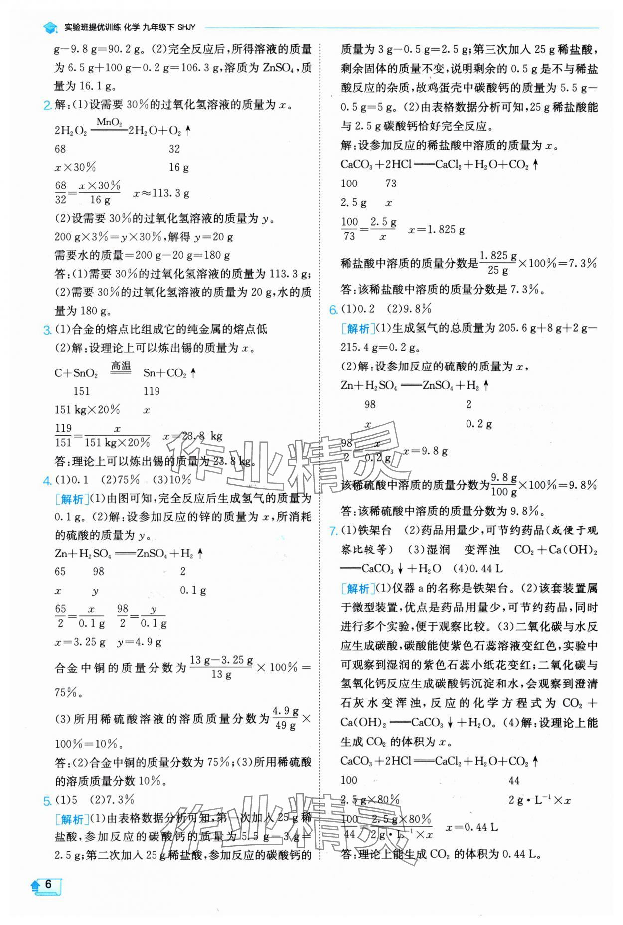 2025年实验班提优训练九年级化学下册沪教版 参考答案第6页