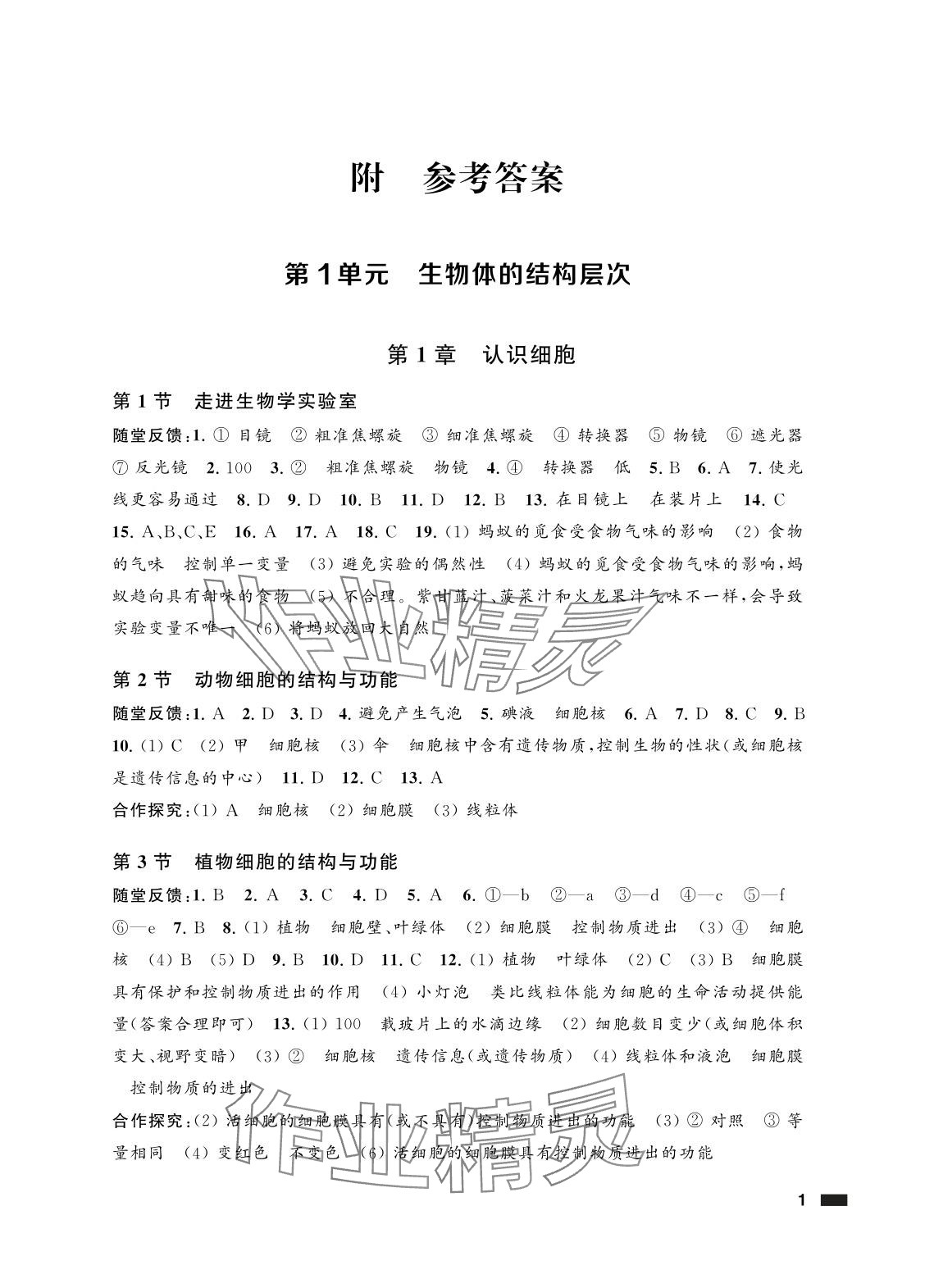 2025年配套综合练习甘肃七年级生物上册苏教版 参考答案第1页