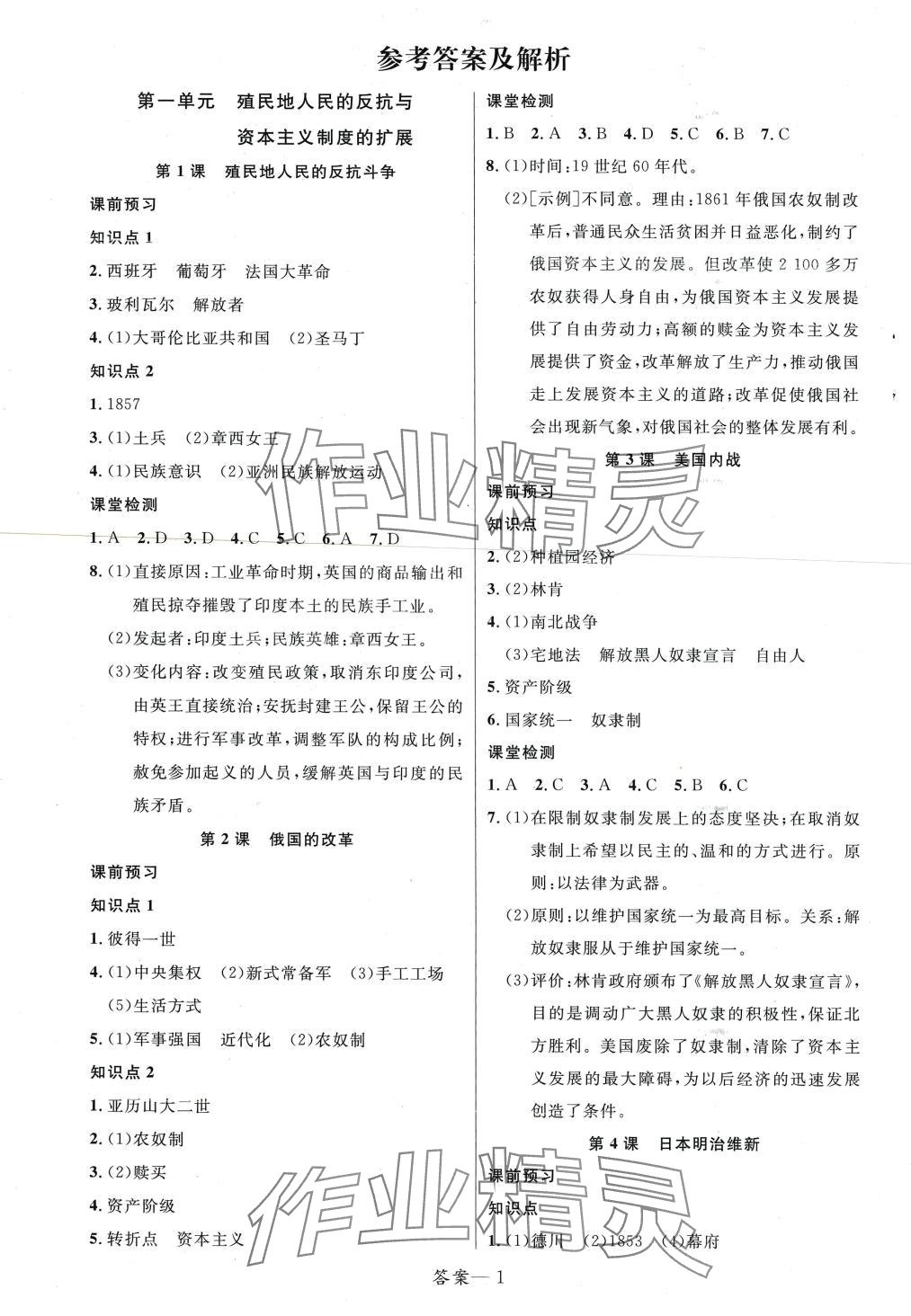 2024年一线调研学业测评九年级历史下册人教版 第1页