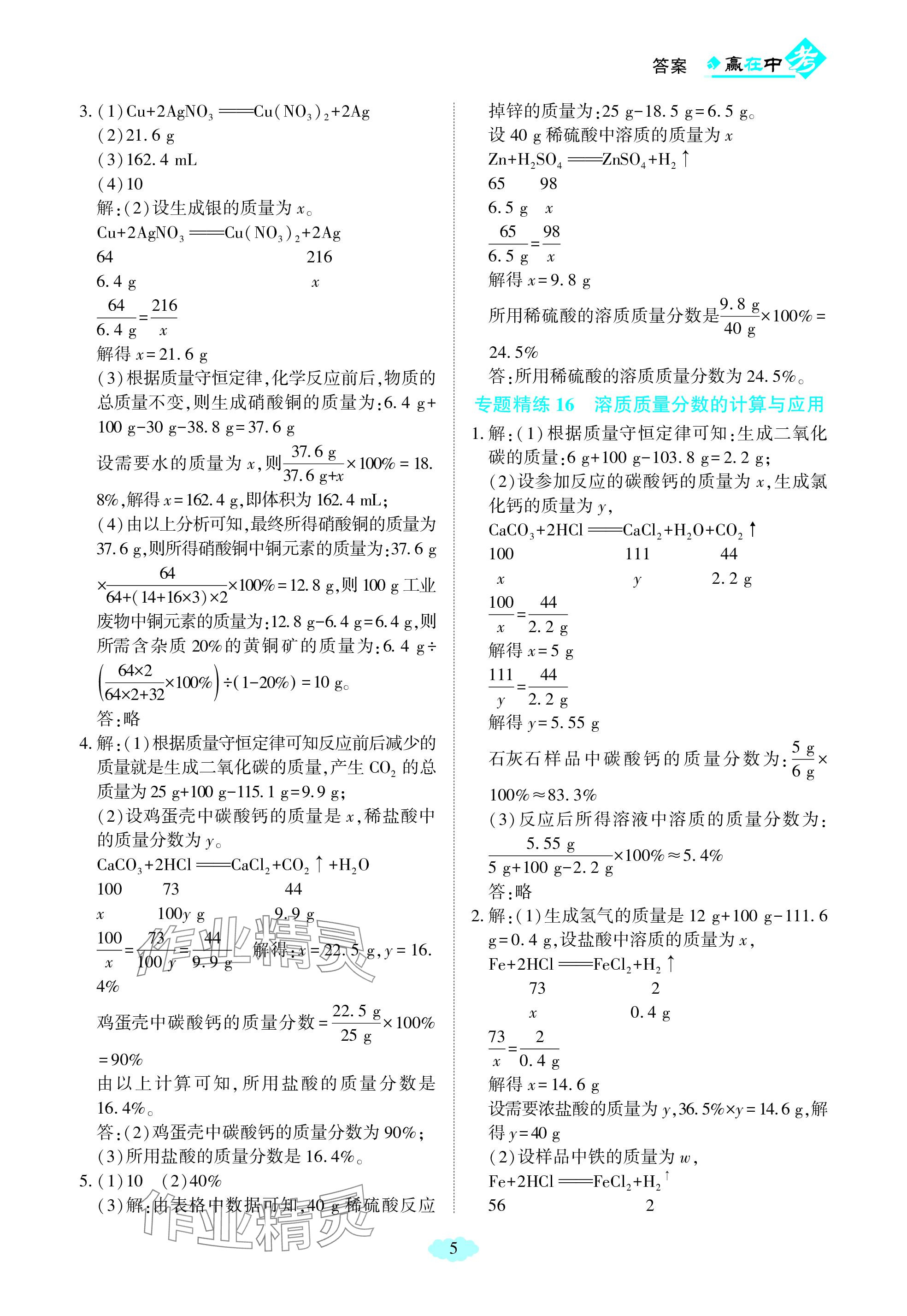 2024年赢在中考西南大学出版社化学下册人教版重庆专版 参考答案第5页